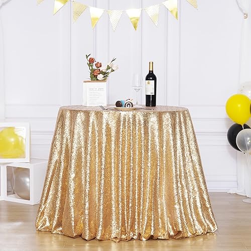 Poise3EHome Mantel redondo de lentejuelas doradas claras de 120 pulgadas para fiestas, pasteles, mesa de postres, exposiciones, eventos