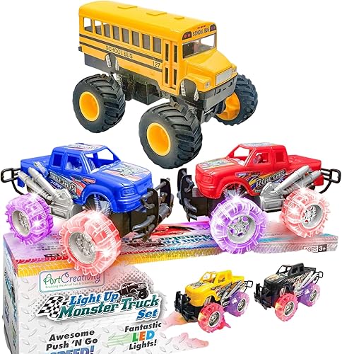 Juego de camiones monstruos iluminados y autobús escolar monstruo - Los mejores regalos para niños