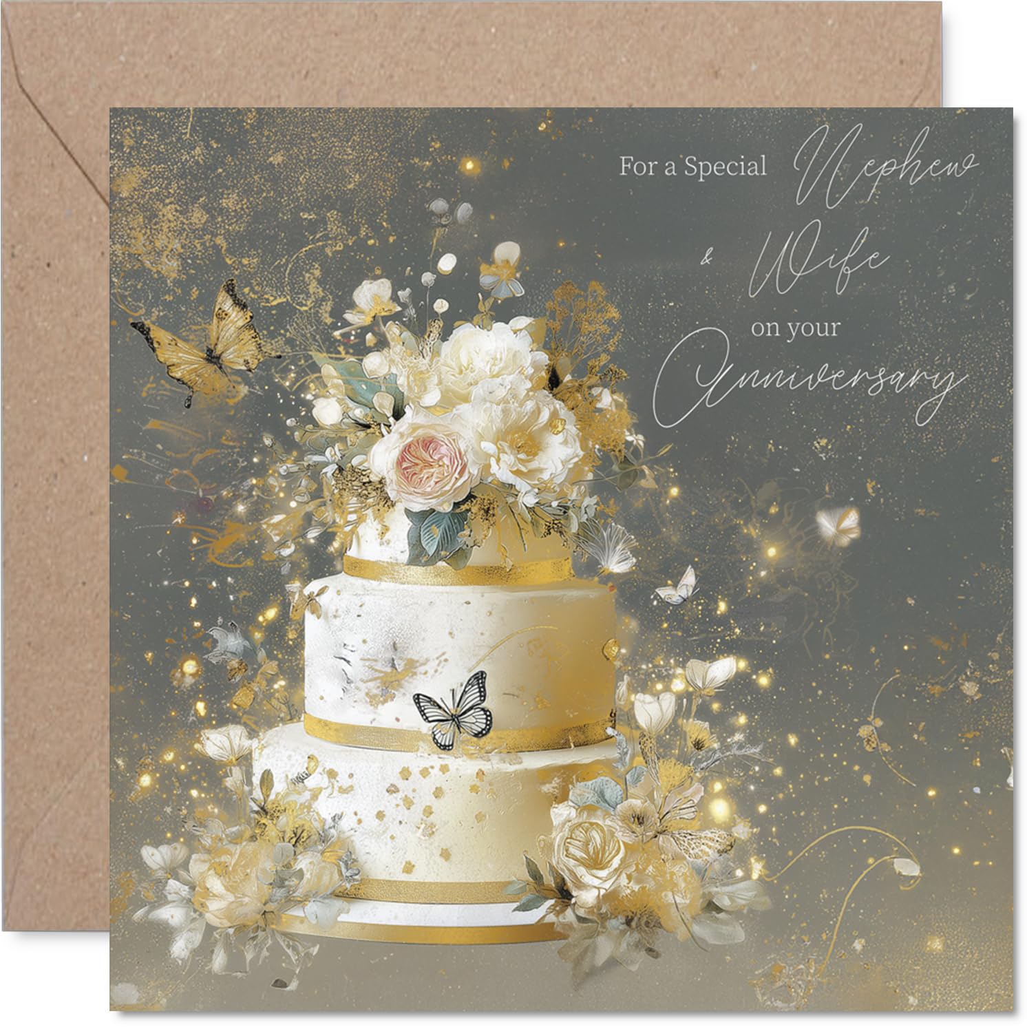 Gold Nephew & Wife Anniversary Card - Gold Cake - Happy Anniversary Card for Nephew & Wife from Auntie Uncle, 145mm Golden Wedding Anniversaries Greeting Cards