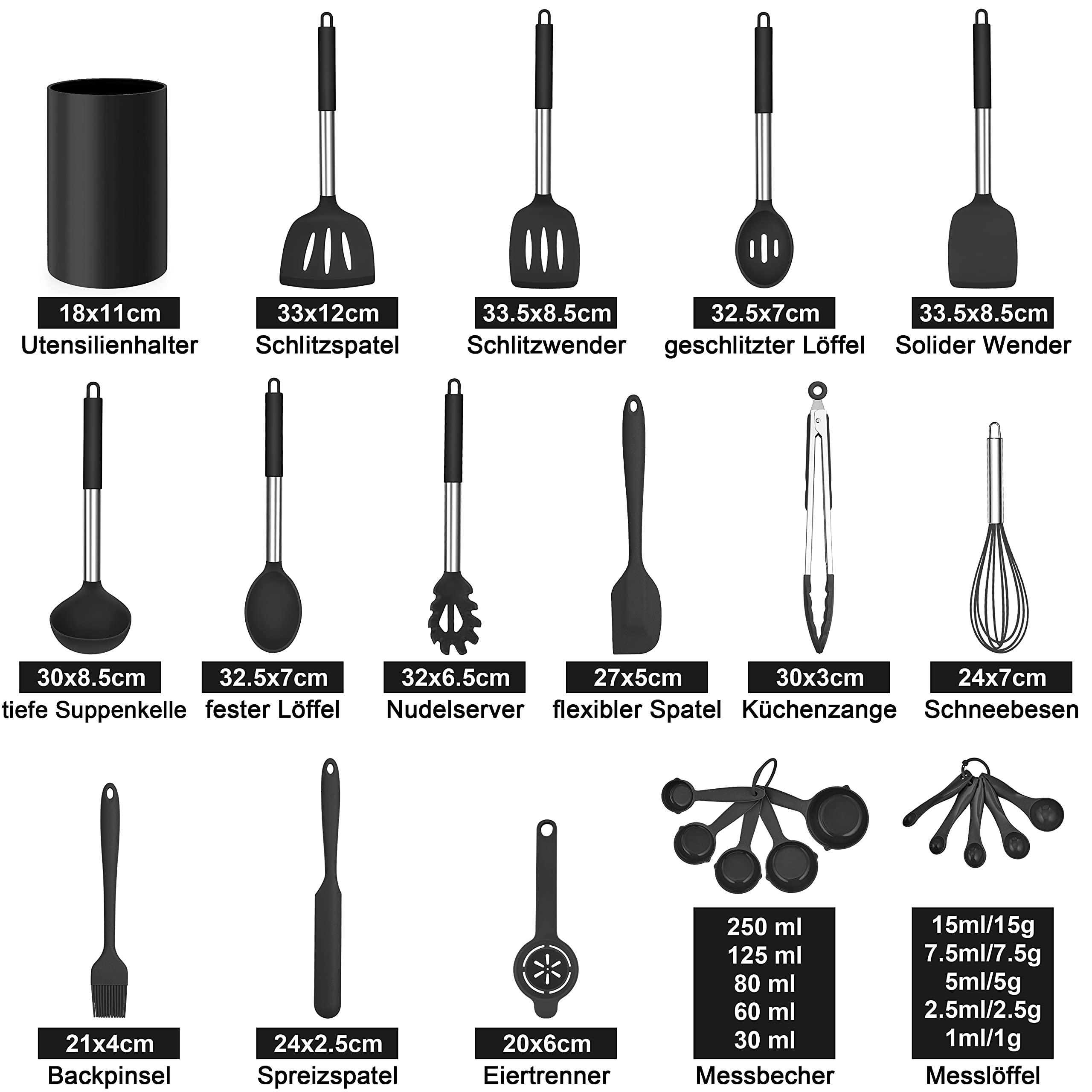 Herogo Lot de 25 ustensiles de cuisine en silicone avec support, résistants à la chaleur avec poignée en acier inoxydable, ustensiles de cuisine antiadhésifs, récipients de rangement, noir