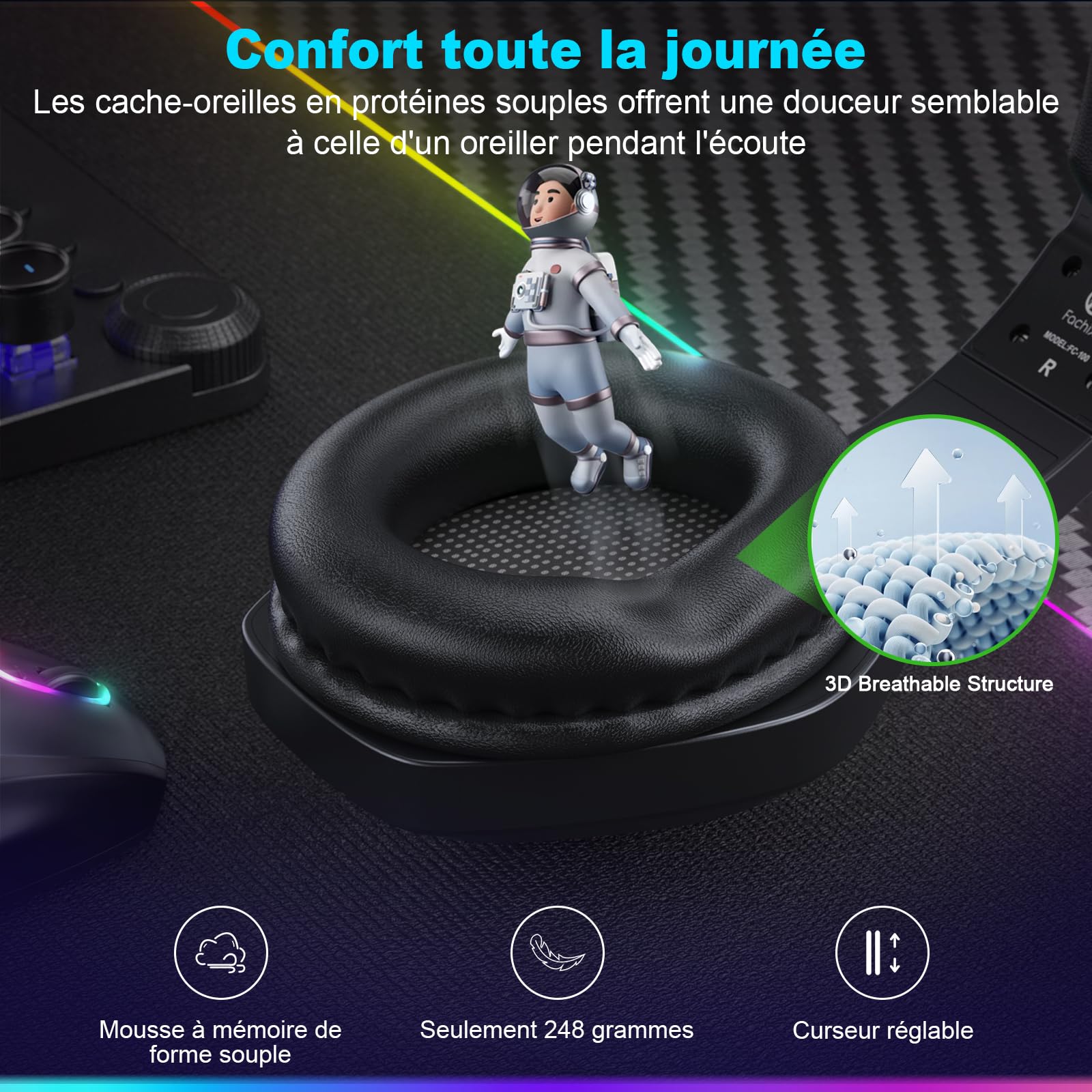 Fachixy FC100「2025 Nouvelle」Casque de Jeu sans Fil pour PS4, PS5, PC - 2,4 GHz et Casque Bluetooth avec Microphone - Son stéréo 3D et autonomie de 50 Heures - pour Switch, Smartphones, Noir