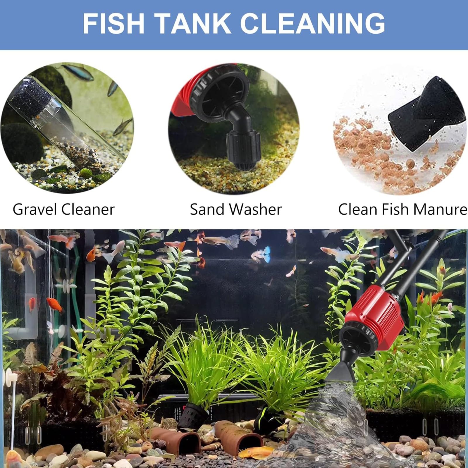 Manguera de sifón de acuario para cambio de agua y limpieza de grava, herramienta de mantenimiento extraíble para peceras
