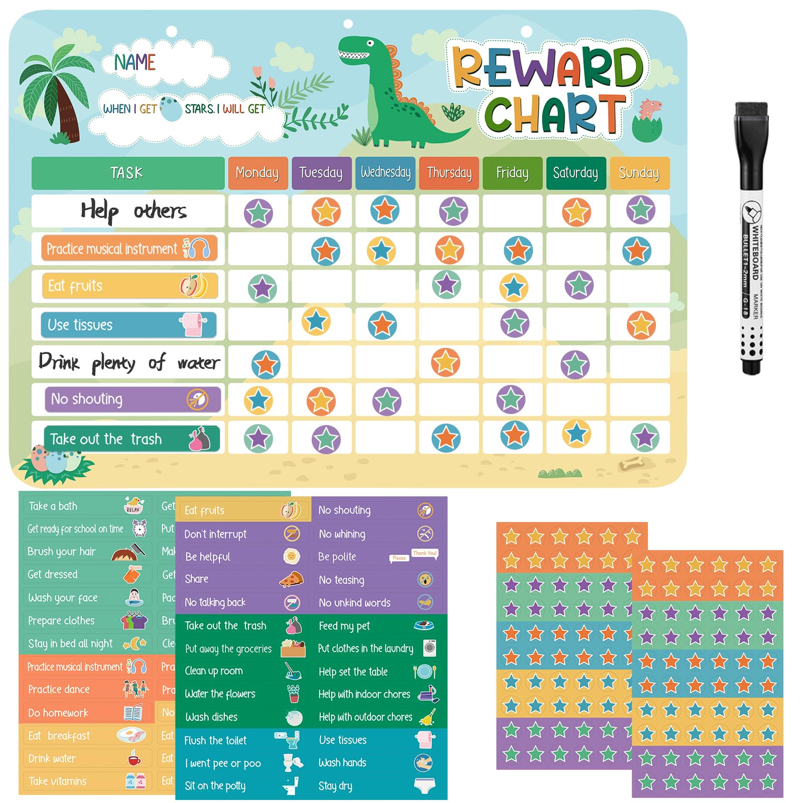Magnetic Reward Chart for Kids, Behaviour Chart Pad for Children with 52 Behaviour Stickers, 120 Star Stickers for Social, Routine, Potty Training (Dinosaur)