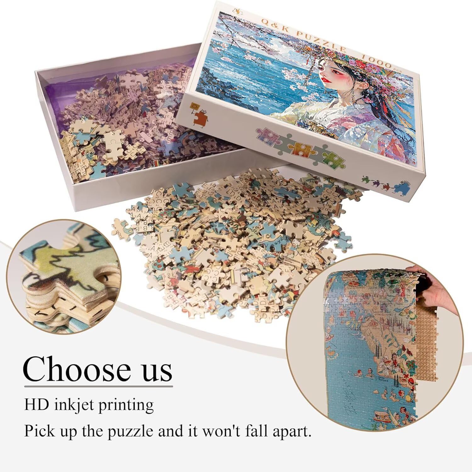 Puzzle de Madera para Adultos 1000 Piezas - Sakura Mujer, Obra de Arte de Juego de Rompecabezas para Adultos, Puzzle de Impresión de Alta Definición Multicolor, Pasatiempo Creativo Regalo d-904