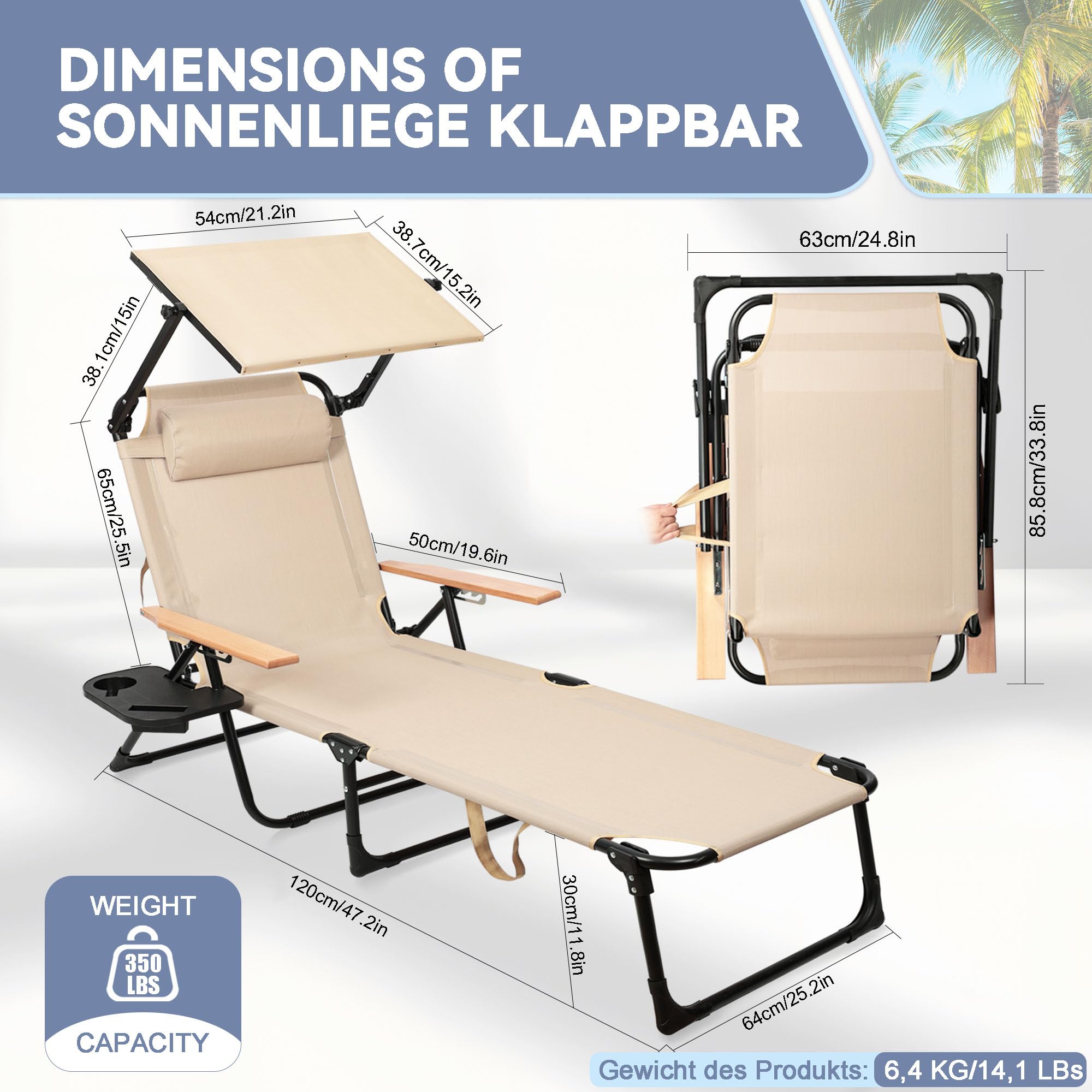 Sonnenliege Klappbar Wetterfest, 4-Fach Gartenliege mit Sonnenschutz & armlehne, Garten Liege mit Kopfkissen und Getränkehalter, Camping Liegestuhl für Garten, Terrasse, Pool (Beige)