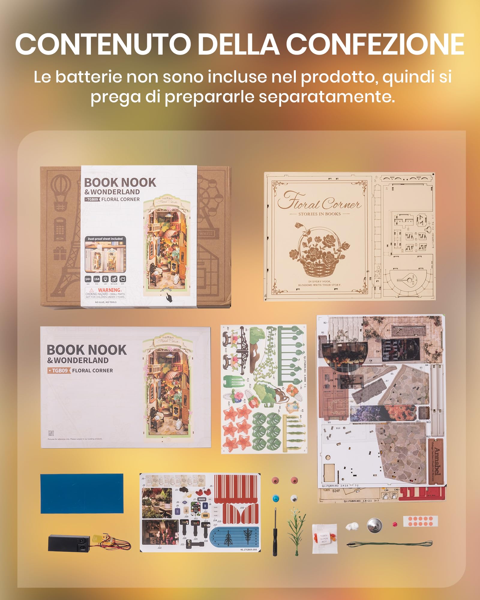 ROBOTIME Book Nook Angolo Floreale Diorama in Legno con Luci LED, Booknook Casa Delle Bambole Miniature da Costruire, Decorazione della Libreria, Regali per Adulti, Donne e Ragazze