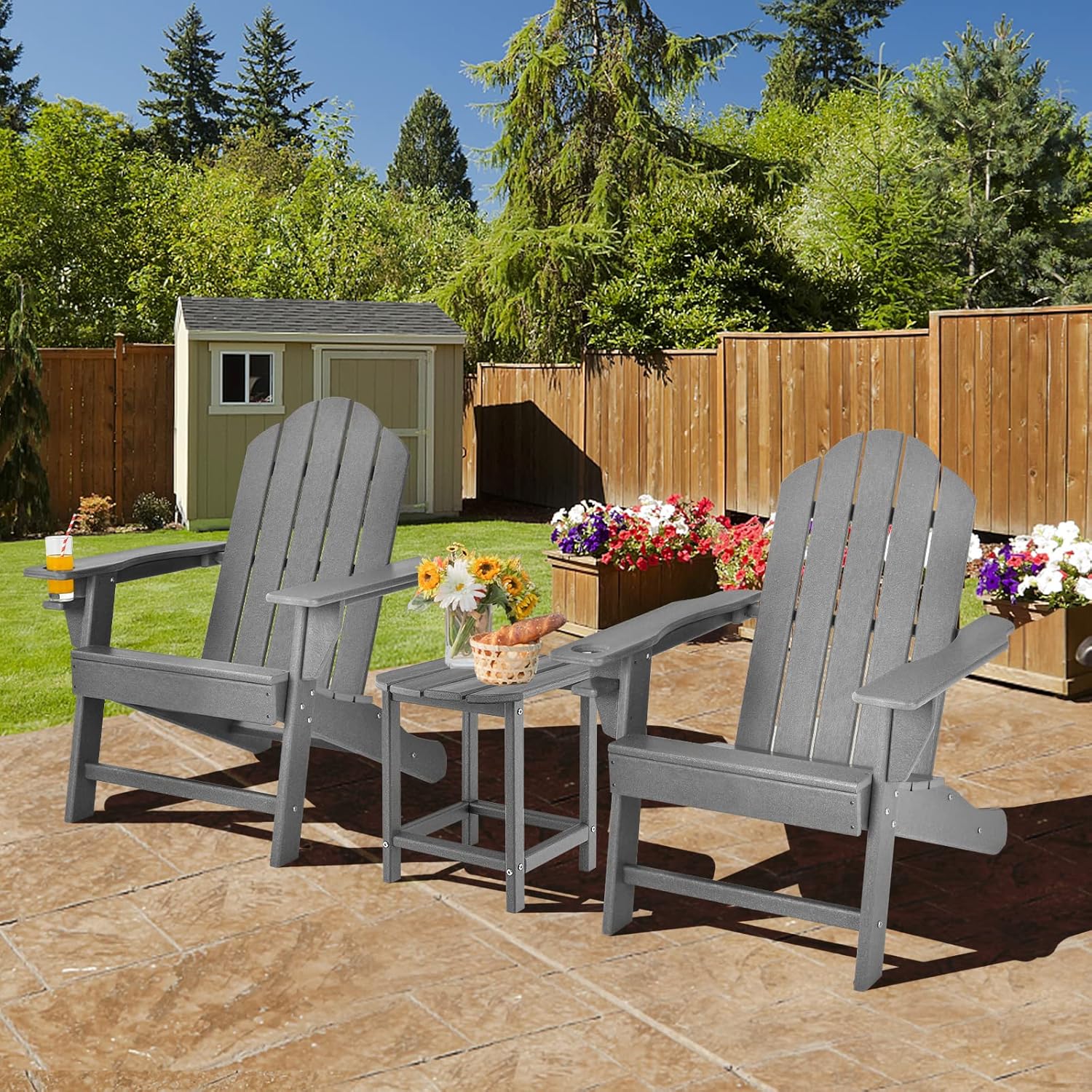 Giantex Adirondack Chair and Outdoor Side Table Set, HDPE Fire Pit Chair Set with Small End Table, Cup Holder, Lounge Set for Outside, Deck, Poolside, Backyard, Garden, Patio Chair Set, Grey