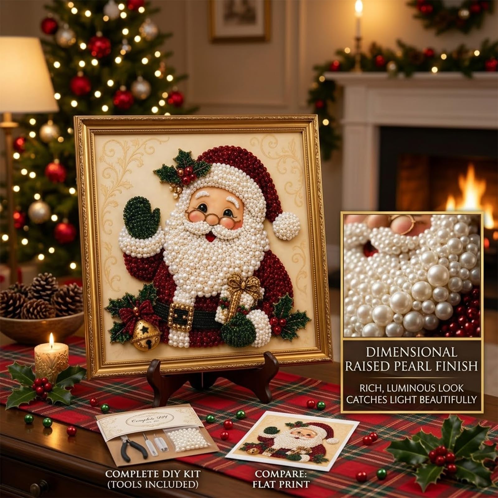 Zestaw 3D Pearl Christmas Wall Art Kit, oprawiony zestaw do malowania diamentowego DIY z koralikiem