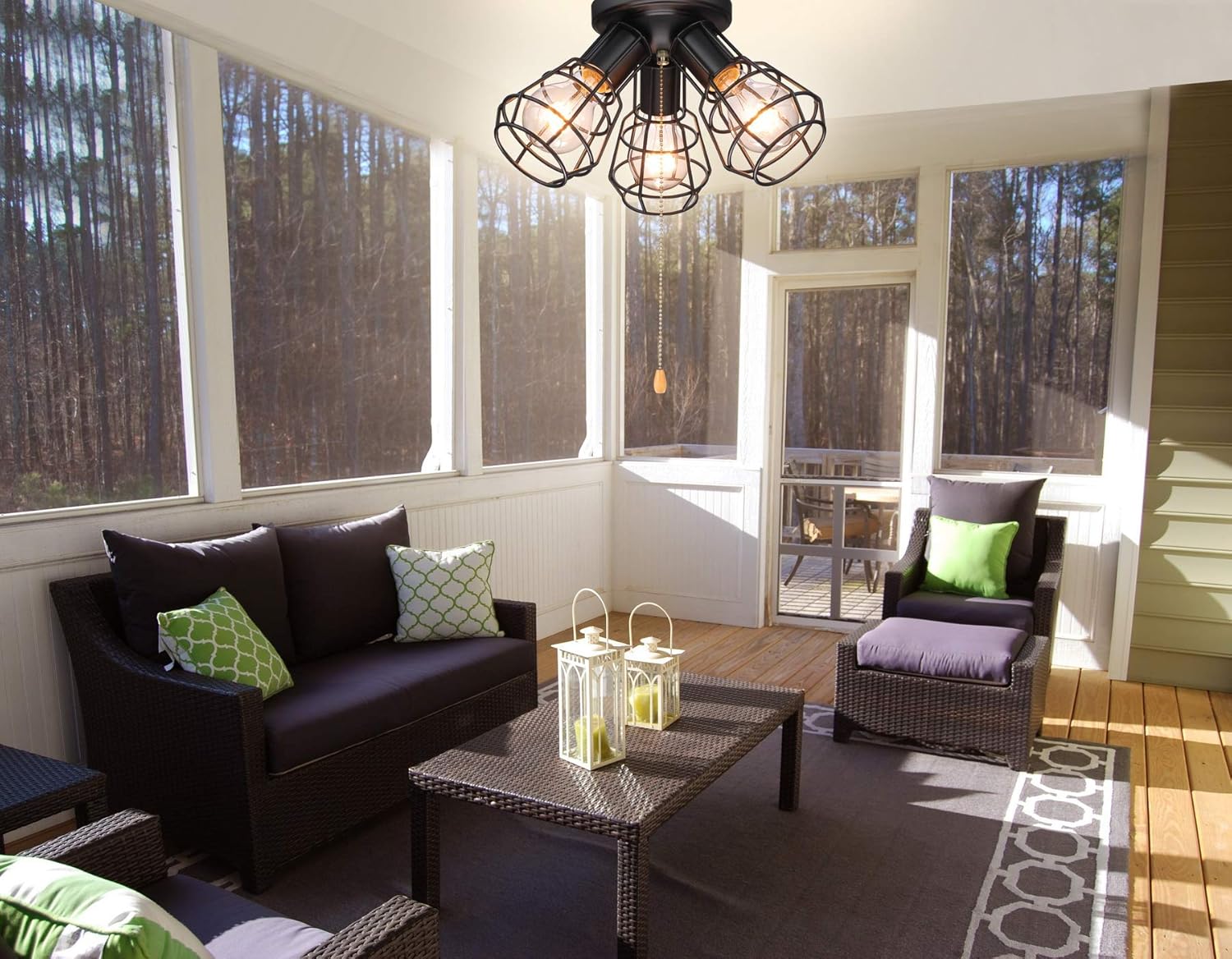 Farmhouse Close to Ceiling Light with Pull Chain, 3 Lights Black Industrial Semi Flush Mount Pull String Ceiling Fixture Rustic Metal Wire Cage Light, 12 inch, Oil Black