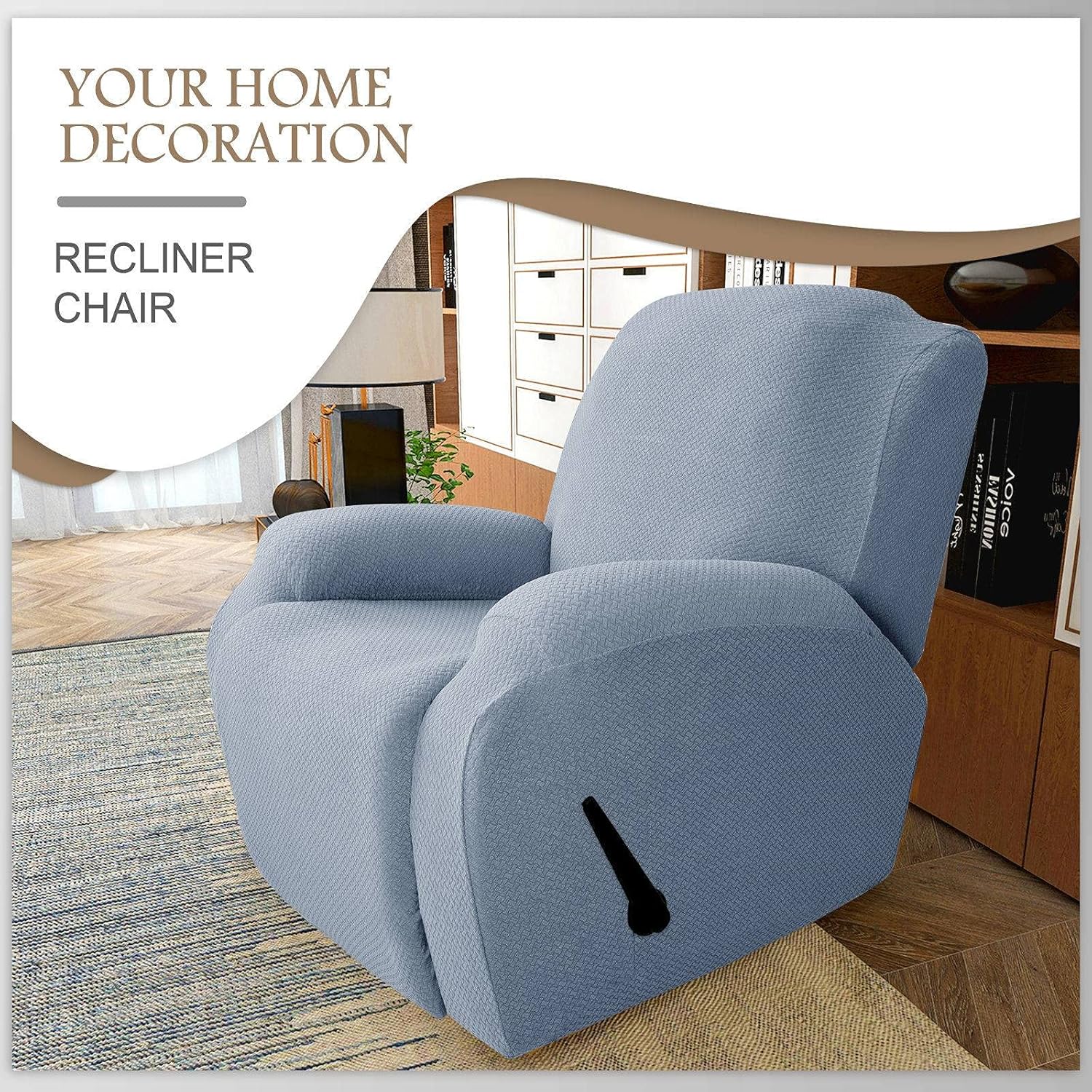 Jacquard Stretch Recliner Cover, 4-Piece Recliner Chair Cover Soft with Elastic Bottom Recliner SlipCovers for Living Room with Side Pocket Furniture Protector Cover-Light Blue-Recliner Cove