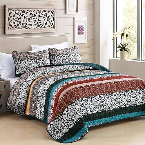 Miniatura 2 de Juego de edredón bohemio gris tamaño Queen, juego de colcha de retazos a rayas gris oscuro de 3 piezas, juego de ropa de cama de microfibra suave