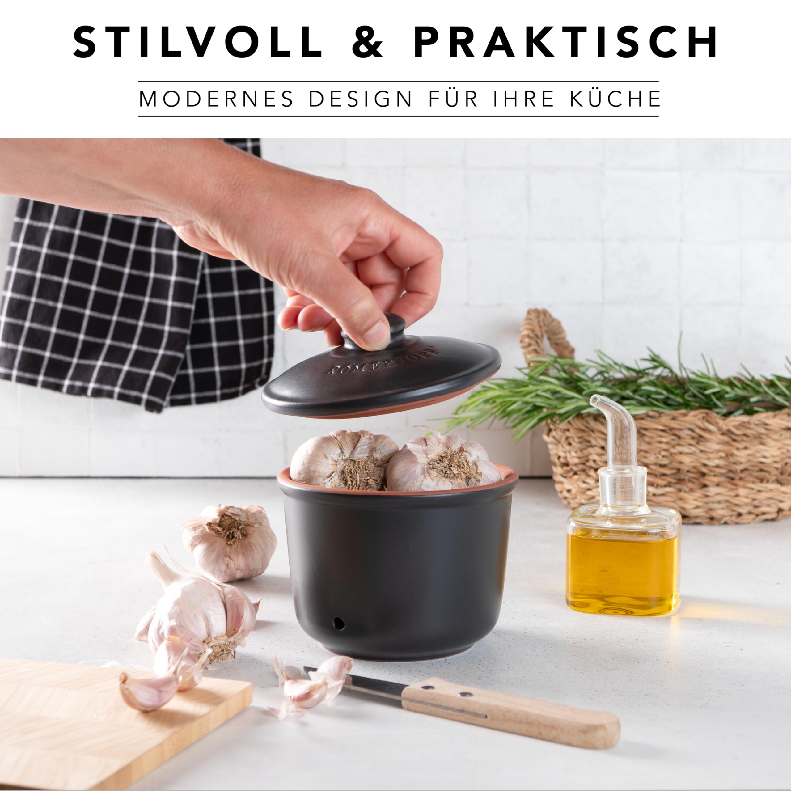 Römertopf Set 3 Contenitori Freschezza in Ceramica – Porta Aglio, Cipolle e Patate, Conservazione Naturale e Traspirante, Nero, tradizione dal 1967