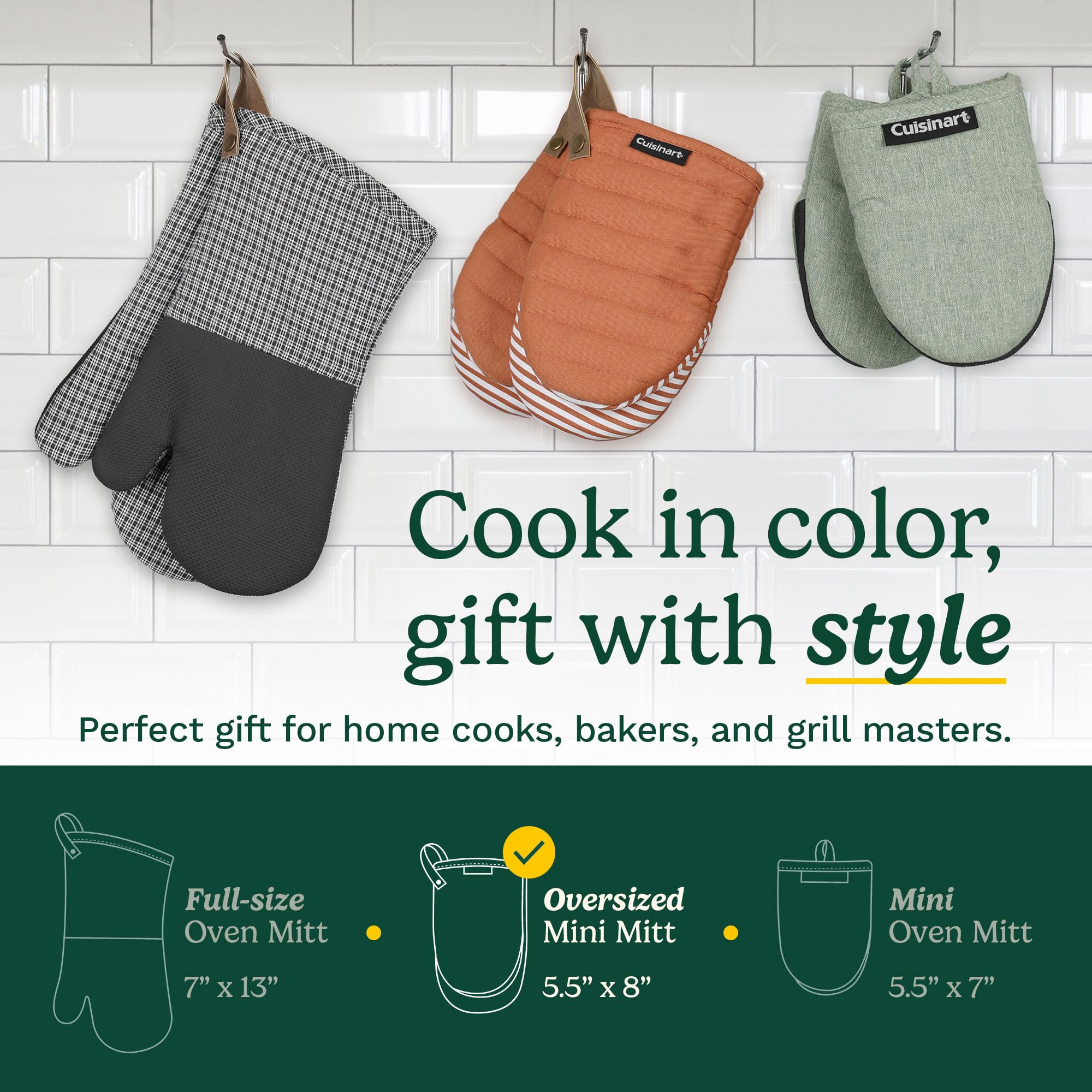 Cuisinart ShieldPro - Manoplas de Horno de Silicona – 5 x 8.5 Pulgadas, Resistentes al Calor, Mini Guantes de Cocina para Horno con Palma Antideslizante 100% Silicona, Relleno de algodón y Lazo para