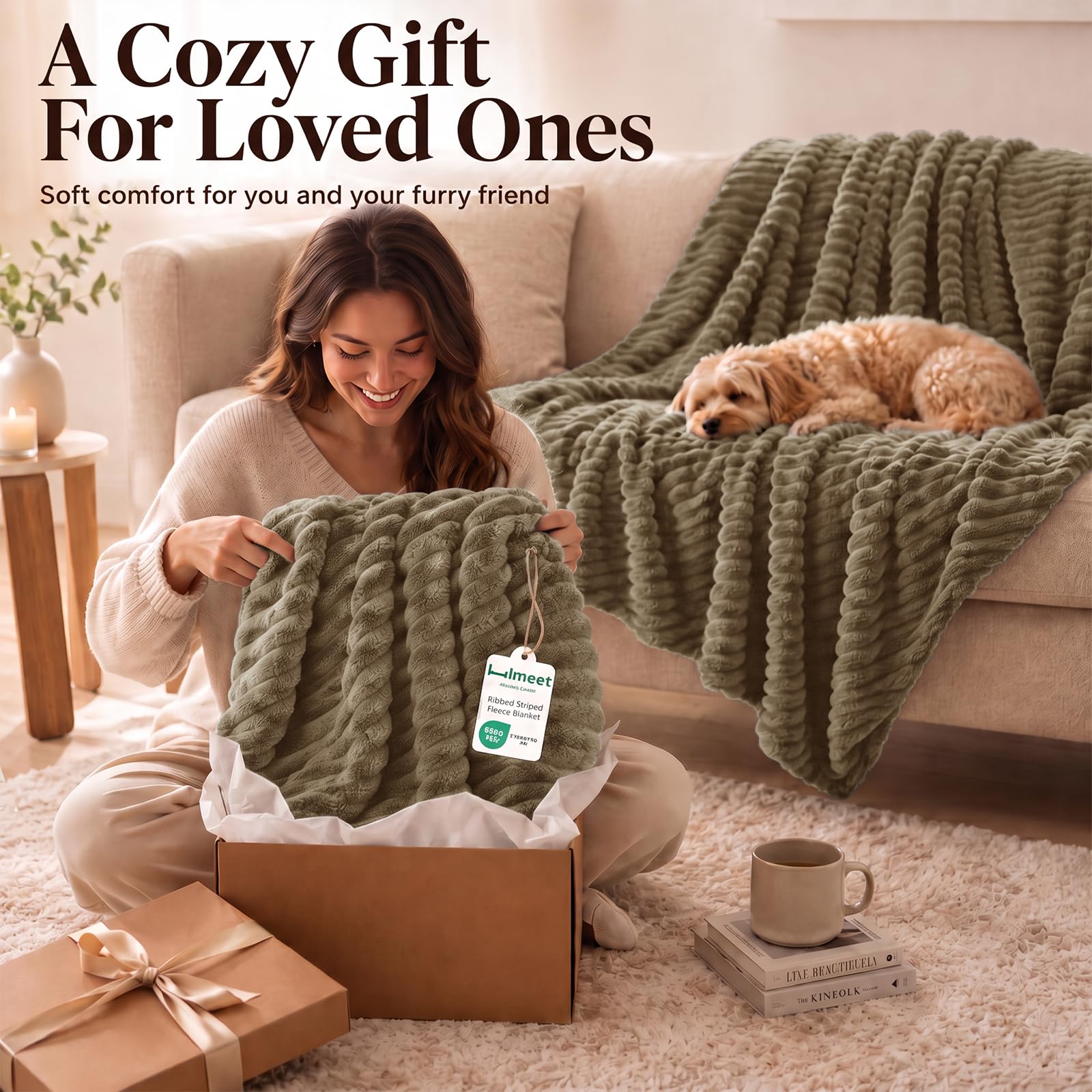 HIMEET Camel King Size Blanket for Bed, 300GSM Ribbed Fleece, 108 x 90 in view 7