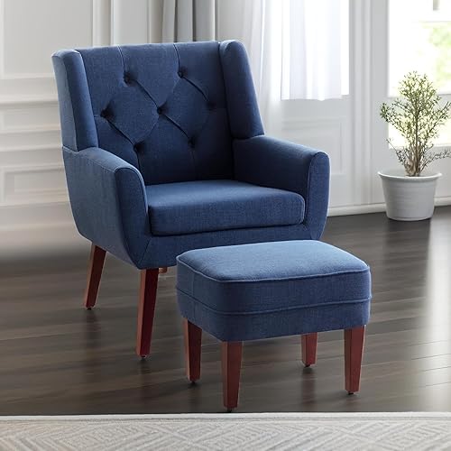 Miniatura 8 de HUIMO Sillón de brazo con otomana botón tapizado capitoné silla de acento de tela de lino silla de lectura para sala de estar cómoda silla moderna