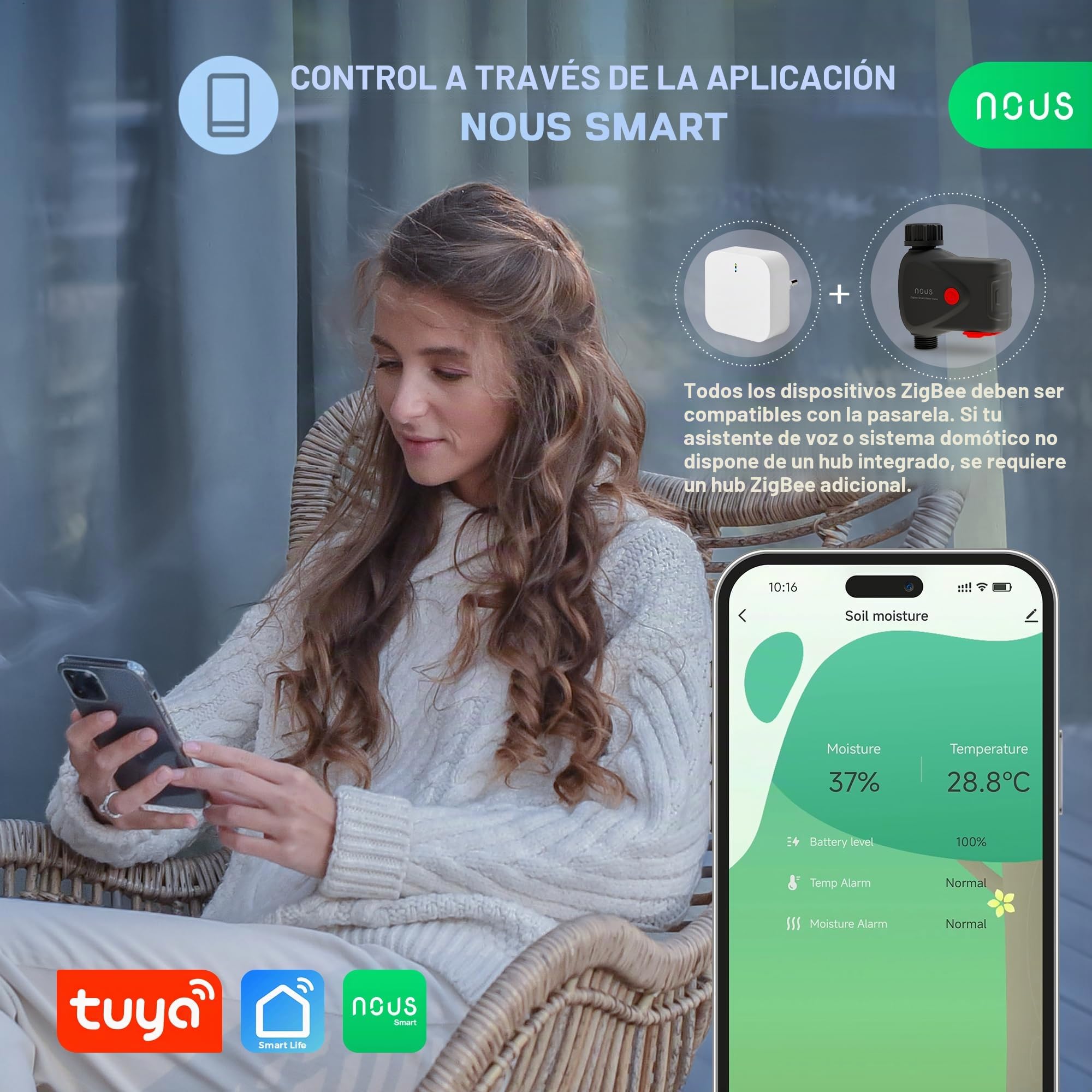NOUS ZigBee - Válvula de Grifo Inteligente, Control de riego IP66, Compatible con Alexa, Google Assistant, Smart Life, Temporizador y Control Remoto de Aplicaciones, Funciona con Pilas, 3/4 Pulgadas