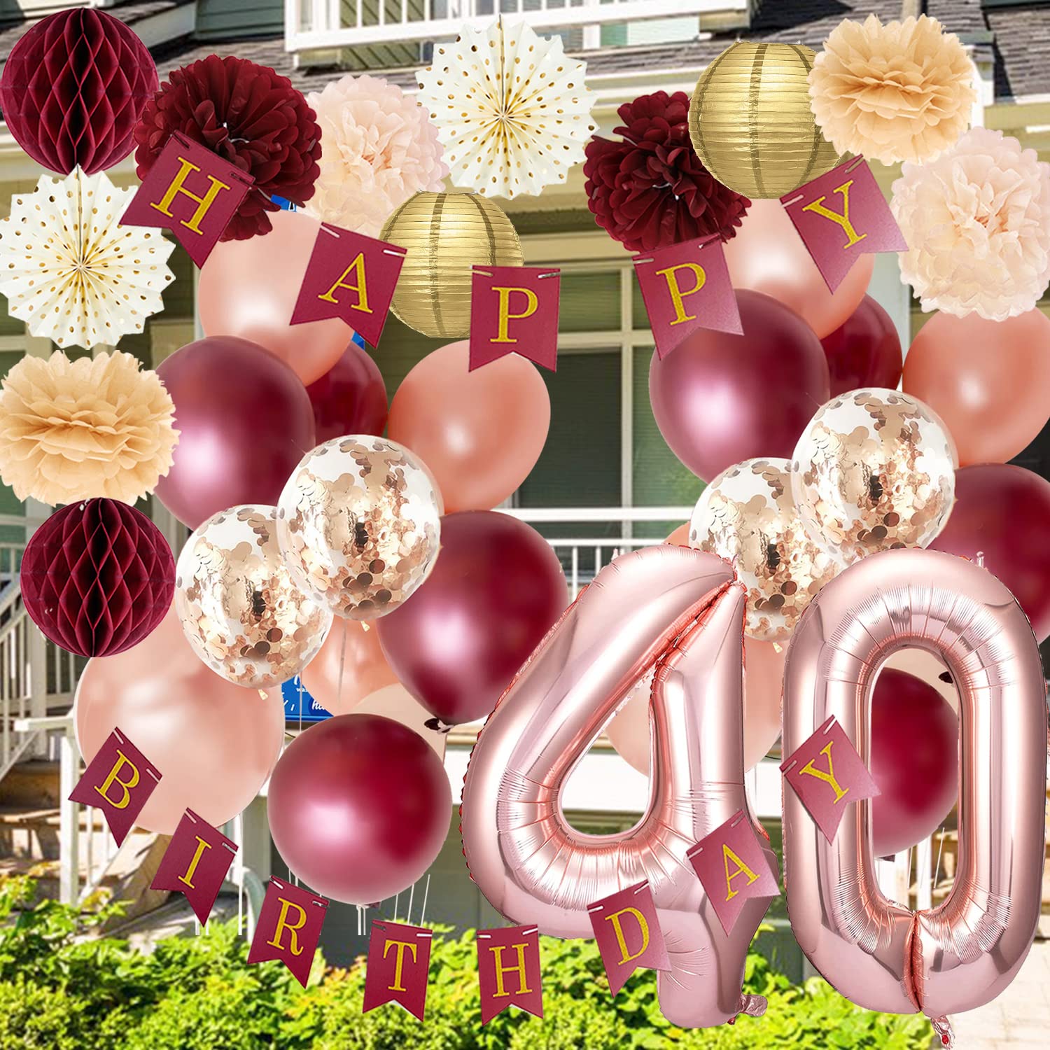 40th Birthday Decorations for Women Burgundy Rose Gold 40th Birthday