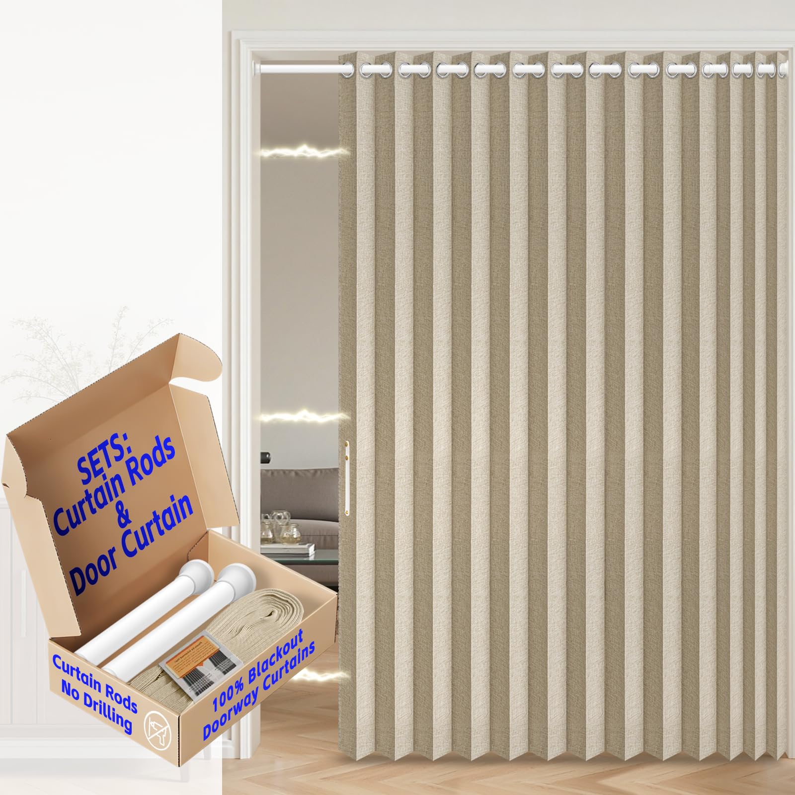 AJAZZ 100% Blackout Accordion Door Invisible Sliding Glass Door Curtain for Bedroom Living Room Doorway Curtain Sets Included Rod, 1Pack, W75 x L80 Inch, Cream Yellow โ image 1