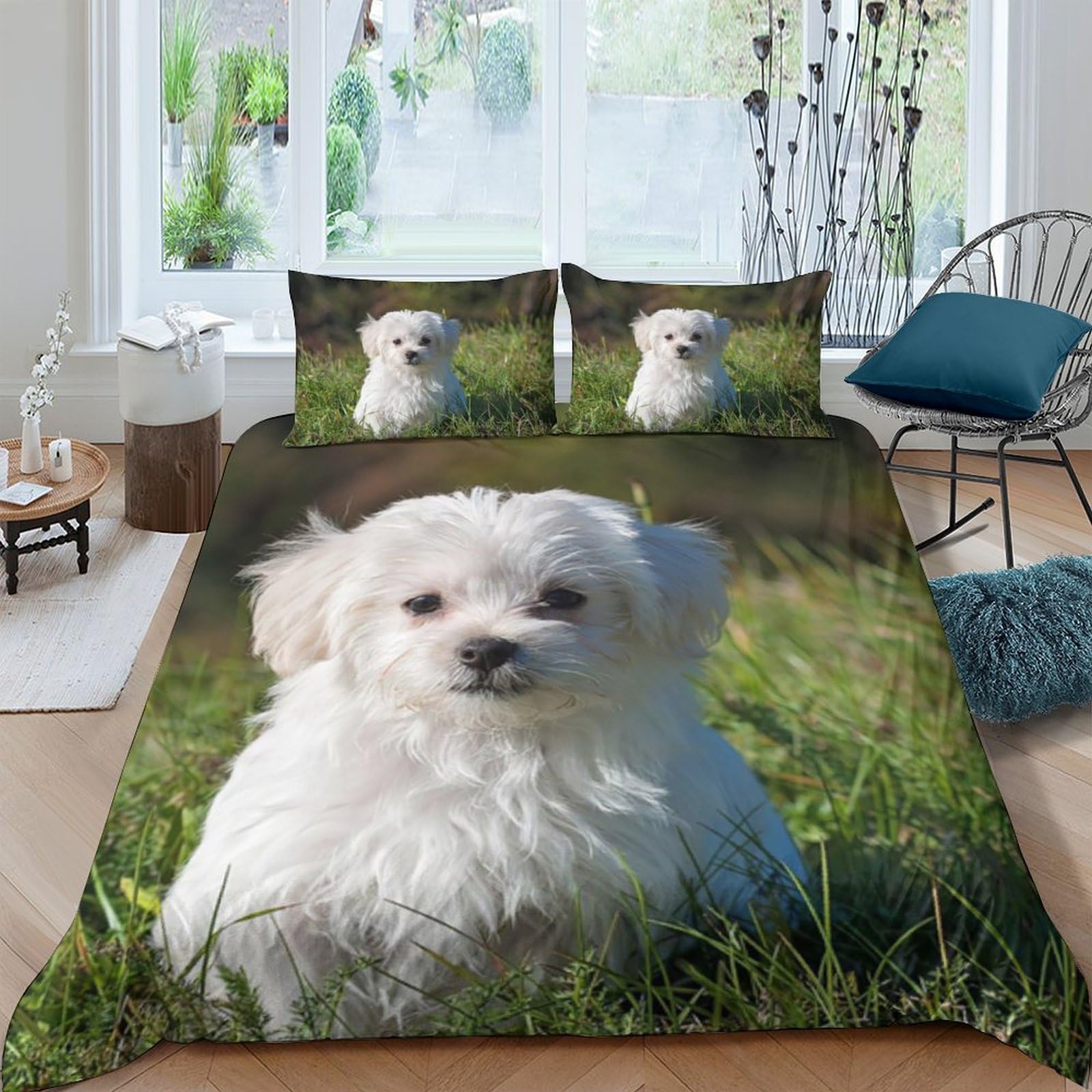 Ctjqhvkz Style-10 3D Printed White Puppy Fitted Sheet Microfiber Soft Breathable Grass Field Bed Cover For Bedroom Dorm Protection Decor Single（135X200cm）