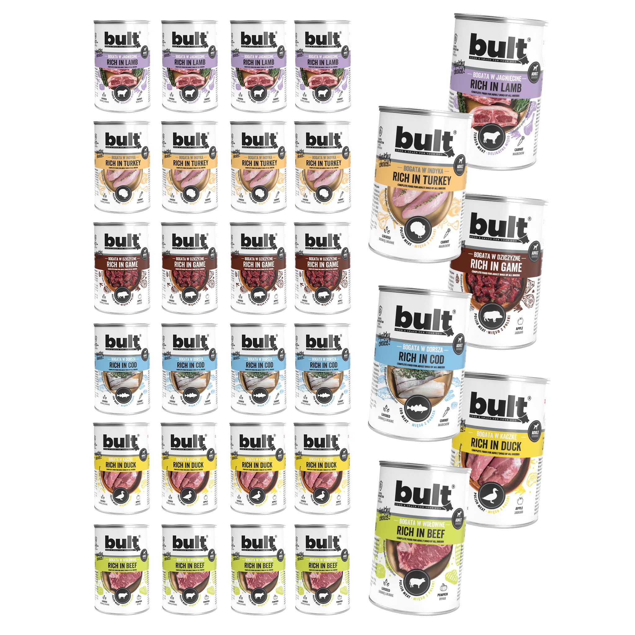 BULT, Mokra Karma dla Psa, Mix Smaków (Dorsz, Dziczyzna, Indyk, Jagnięcina, Kaczka, Wołowina), 400g x 24 Puszki, dla Dorosłych Psów, Pełnoporcjowa, z Ryżem i Warzywami