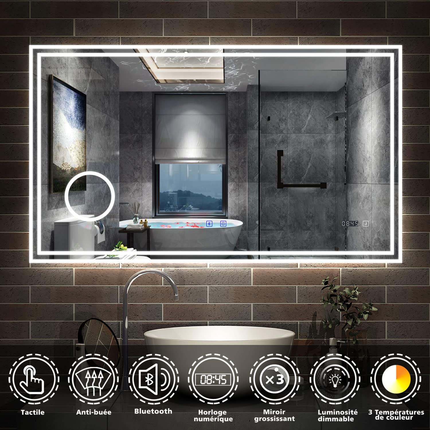 AICA Miroir de Salle de Bain LED avec Bluetooth, Mural Miroir avec Horloge + 3 Couleurs + Dimmable + Anti-buée + Grossissant 3X,Interrupteur Tactile Étanche IP44-80 x 60cm