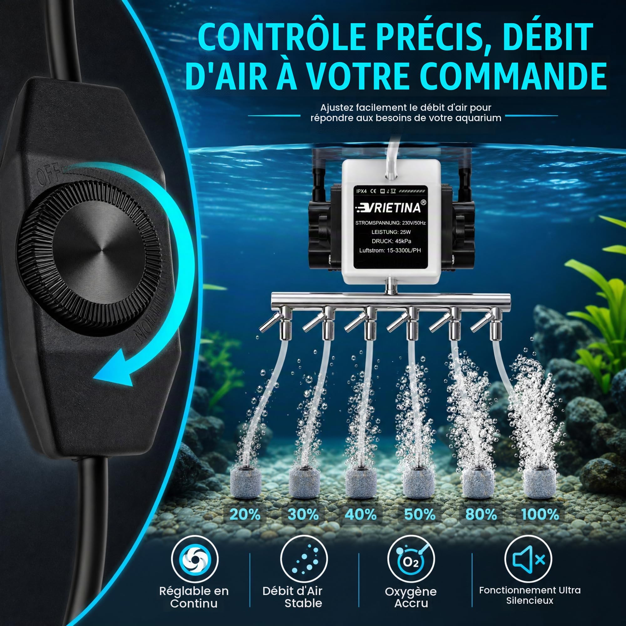 25W Pompe à Air Aquarium avec 6 Sorties, Pompe à Air Bassin Silencieuse Jusqu‘à 3300L/H, Aérateur de Bassin Réglable pour Grand Aquarium, Bassin de Jardin & Hydroculture, Pompe à Oxygène Puissante
