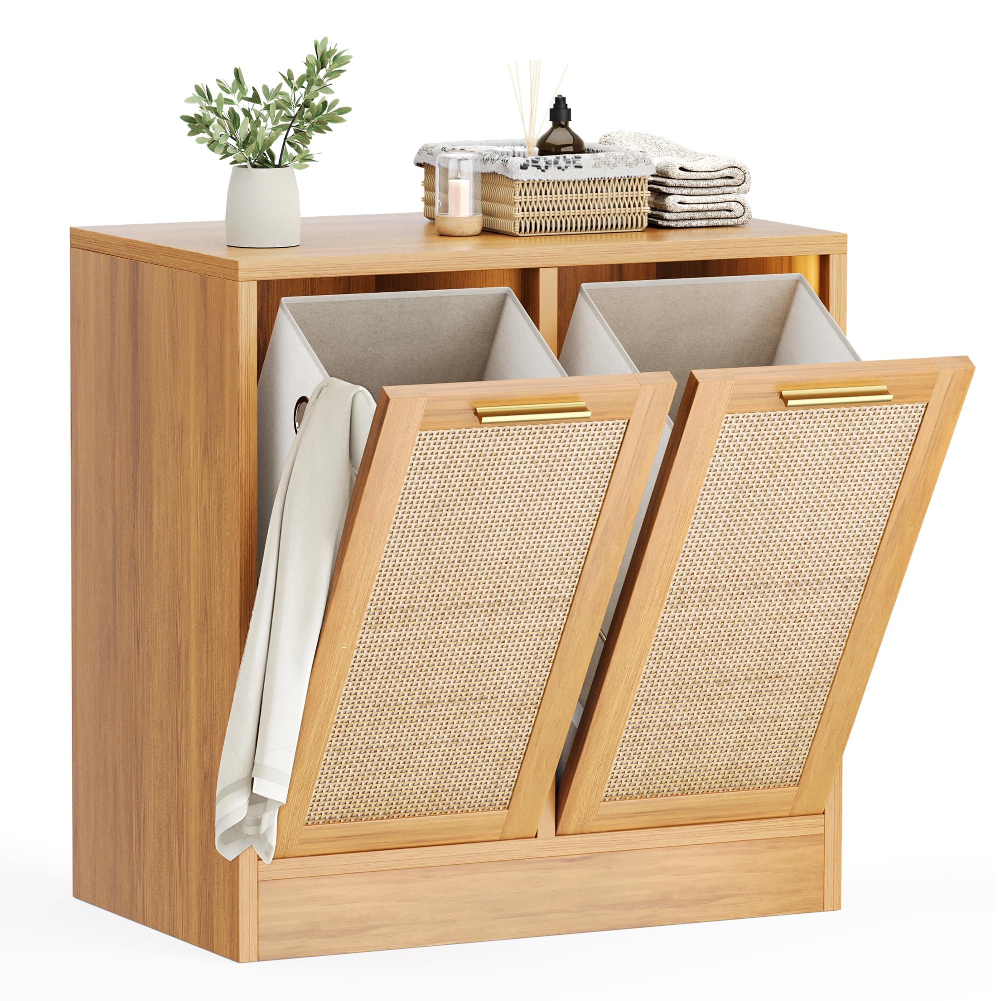 Pamapic Meuble de Salle de Bain, Armoire à Linge avec 2 Paniers à Linge, Meuble Bas de Salle de Bain avec Design en Rotin Véritable, Sac Intérieur Amovible avec Poignées, 66 x 40 x 68 cm, Naturel