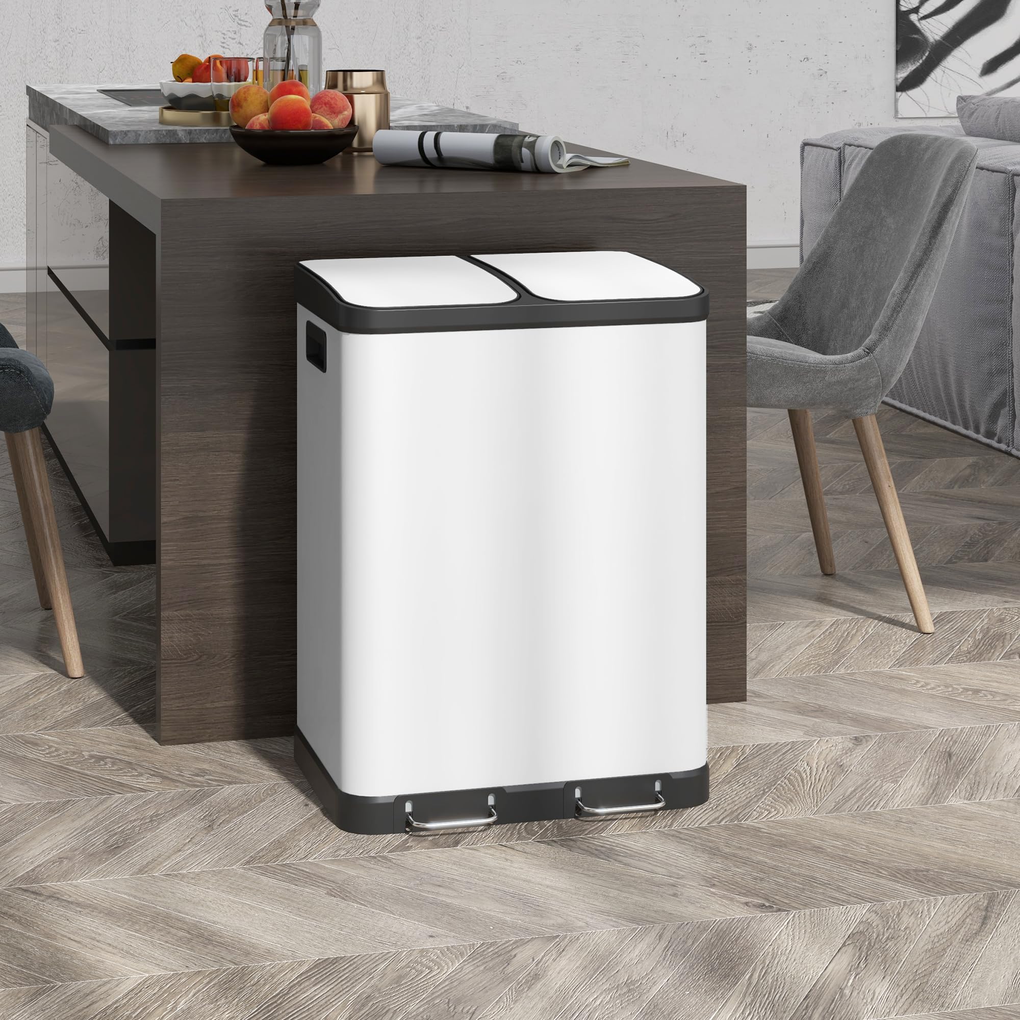 HOMCOM Mülltrennsystem 2 x 30L mit 2 Fächern Softclose-Deckel Metall Weiß | Mülleimer Küche, Abfalleimer Treteimer, Herausnehmbare Inneneimer