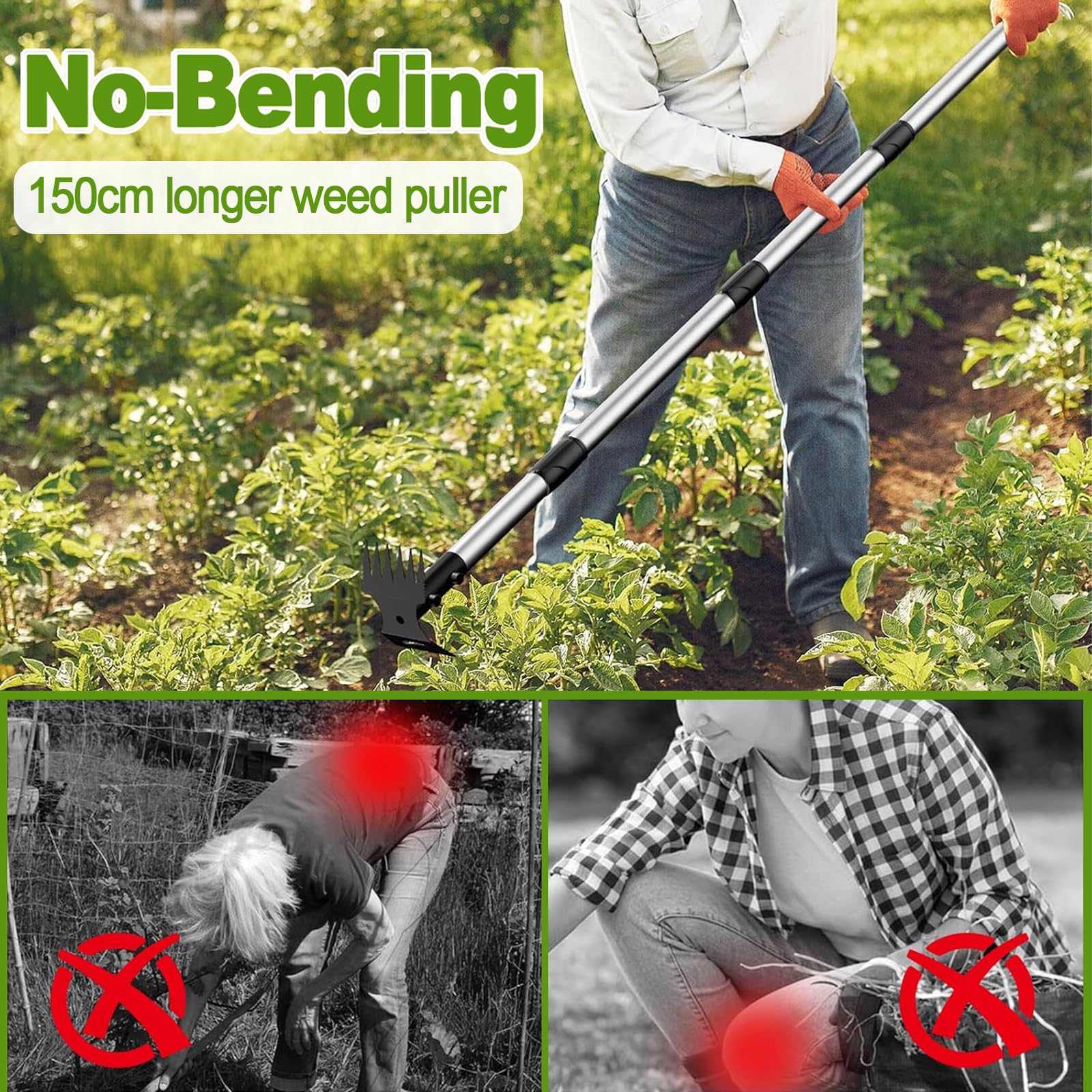 Rastrello Sarchiatore 2 in 1 Attrezzo Manuale per Estirpare Erbacce con Manico Lungo Zappa da Giardino