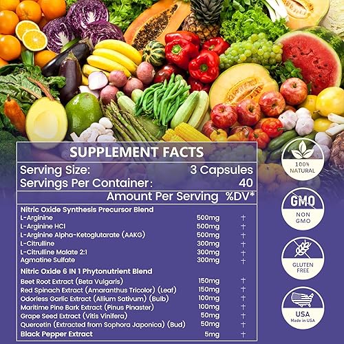Miniatura 5 de Suplementos de óxido nítrico para hombres y mujeres, 3000 mg, 120 cápsulas - Refuerzo de óxido nítrico 13 en 1 para el crecimiento muscular, salud