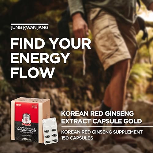 Miniatura 2 de JUNG KWAN JANG Cápsula de extracto de ginseng rojo coreano dorado, suplementos energéticos veganos, sin cafeína y sin OMG (600 mg, 150 cápsulas)