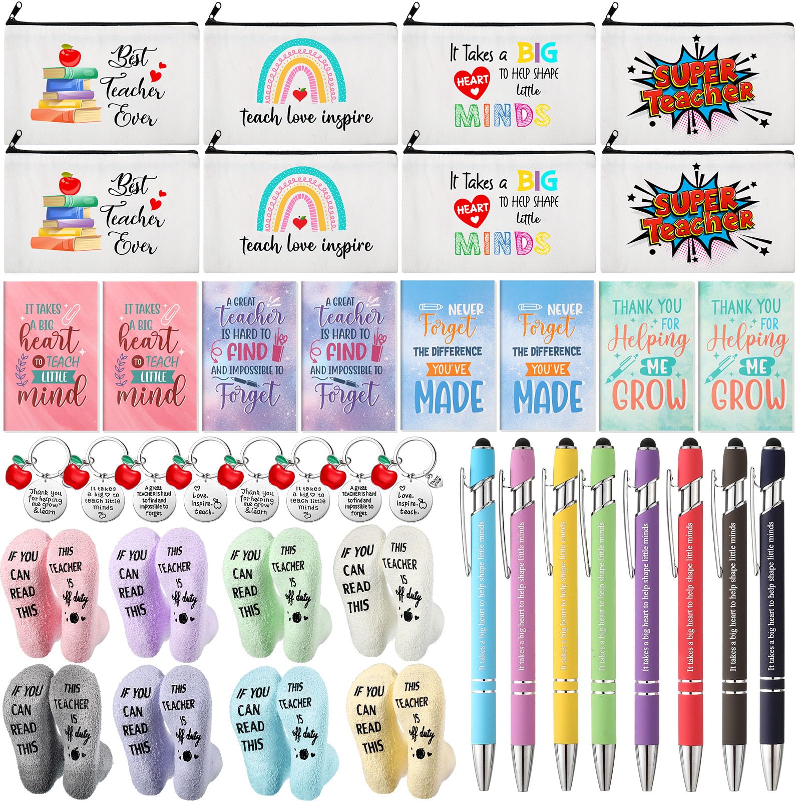 Fulmoon 40 Pcs Teacher Appreciation Gift Set from Students, Novelty Casual Socks Makeup Bag Keychain Mini Notebooks Ballpoint