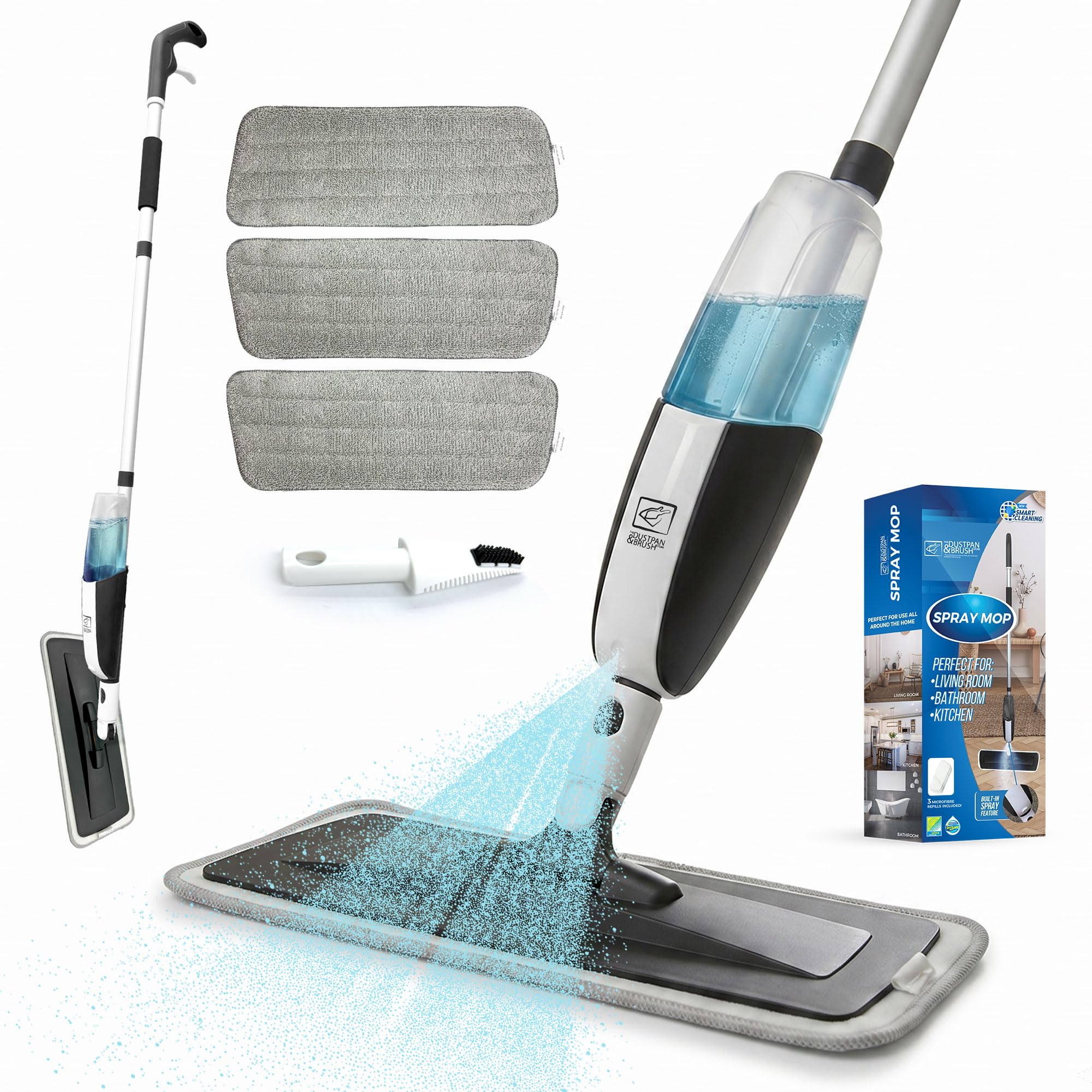 Spray Mop with Washable Pads Floor Mop with Spray, 360° Swivel Head, Wet and Dry, Free Scraper and 3 Microfibre Replacement Head Pads - Mops for Cleaning Floors, Floor Mops for Tiled Floors