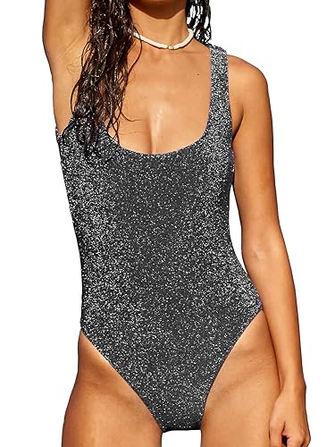 BERLOOK Women's Lurex One Piece Swimsuit Square Neck Tummy Control