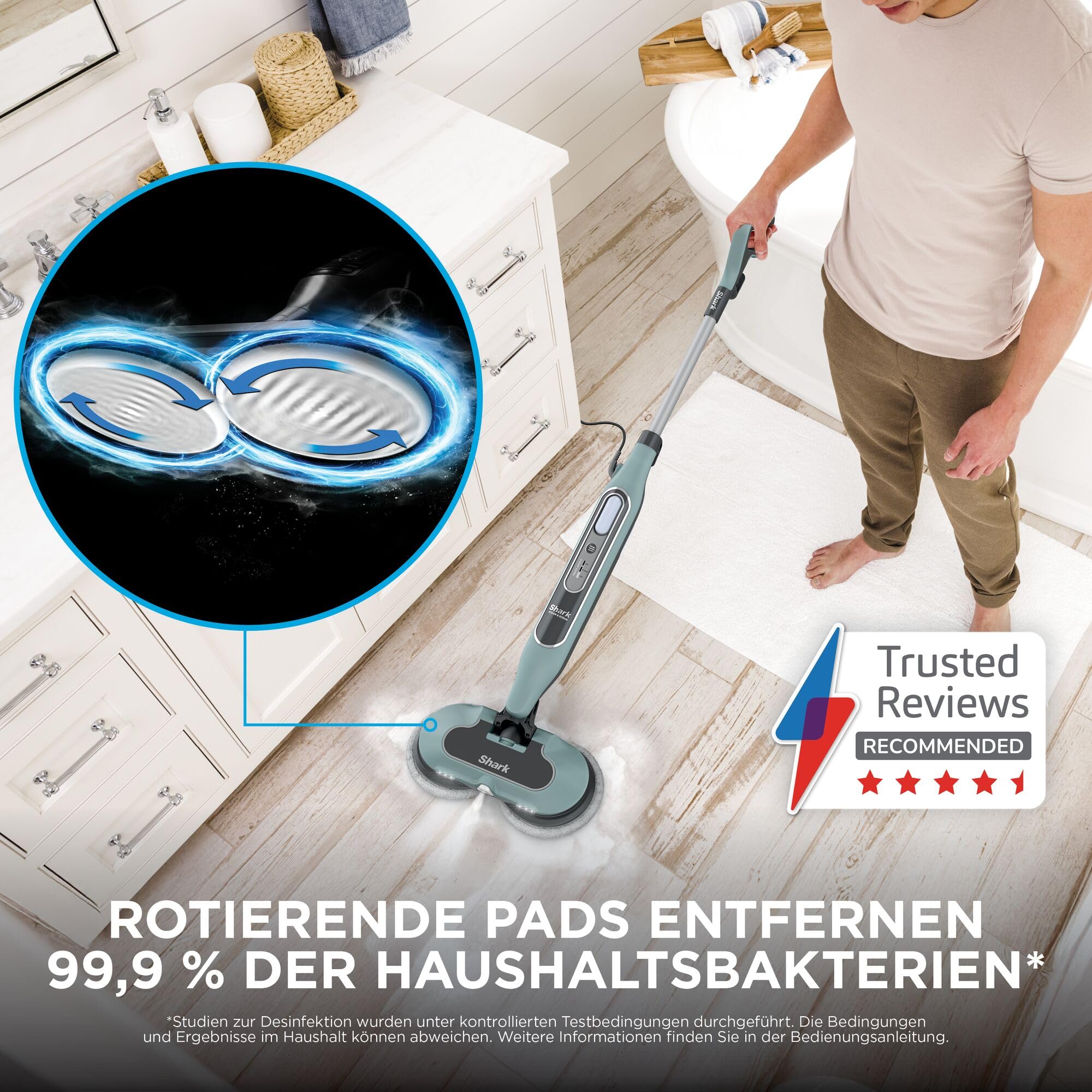 Shark Dampfreiniger Mop, automatisch, mit Steam Blaster, 6 Schmutzfänger-Pads, 3 Dampfstufen, bei Flecken und Schmutz, hygienische Reinigung für versiegelte Hartböden, 8m Kabel, Salbei-Grün, S8201EUCP