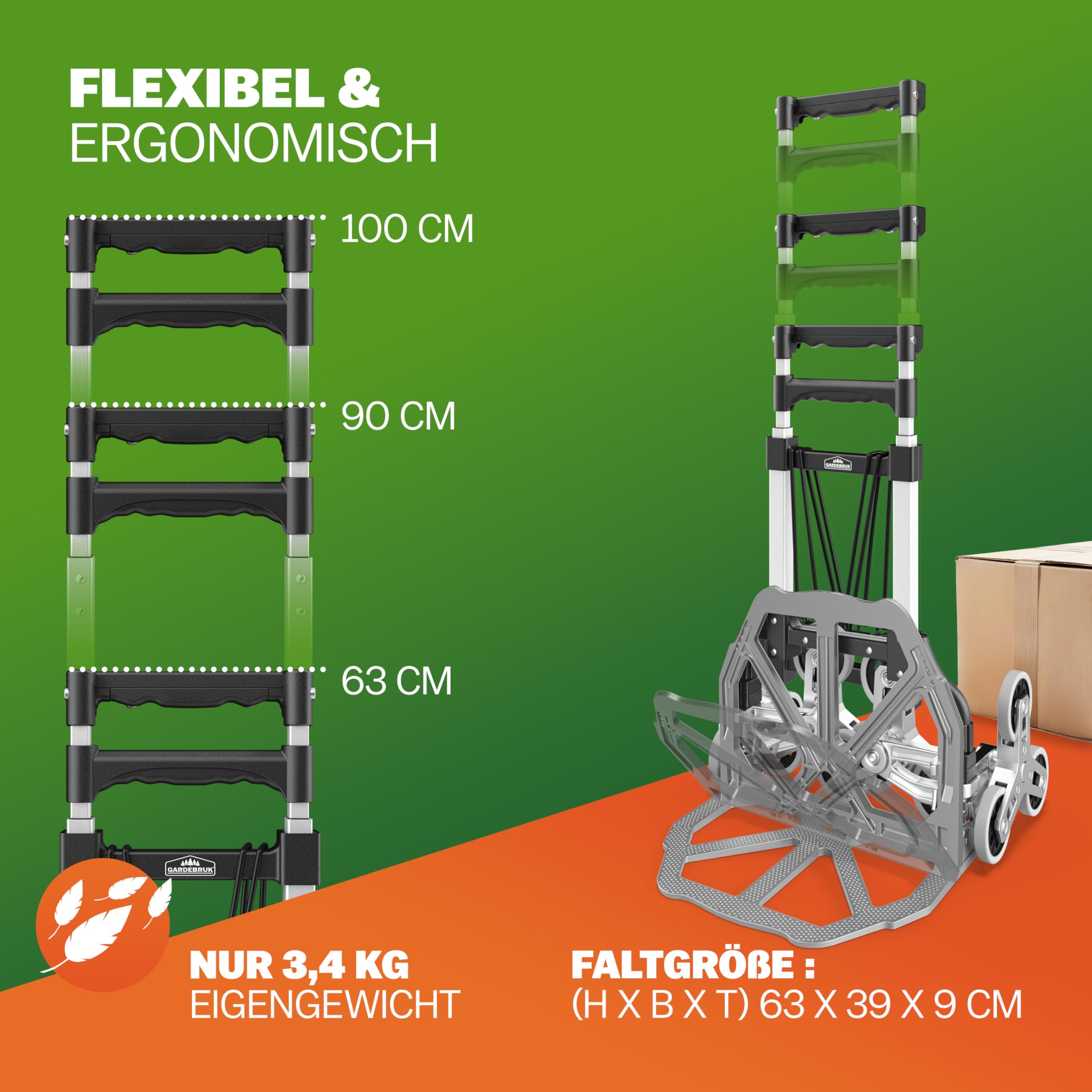 GARDEBRUK® Treppenkarre klappbar - Aluminium Transportkarre mit pannensicheren Reifen - 80 kg Tragkraft - inkl. Handschuhe & Expander - Faltbare Sackkarre für Treppen & Garten