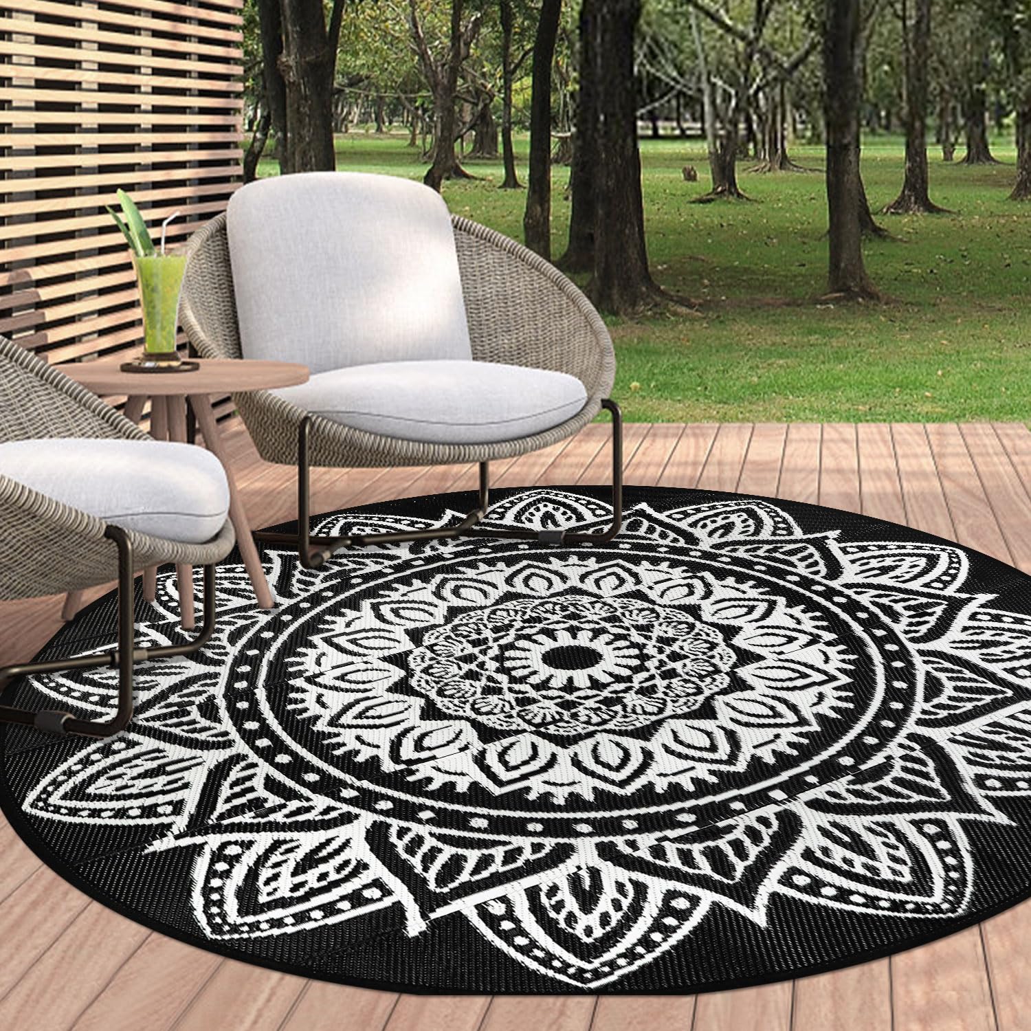 Famibay Round Boho Outdoor Rug, 6ft, Black, Waterproof, Lightweight, Reversible
