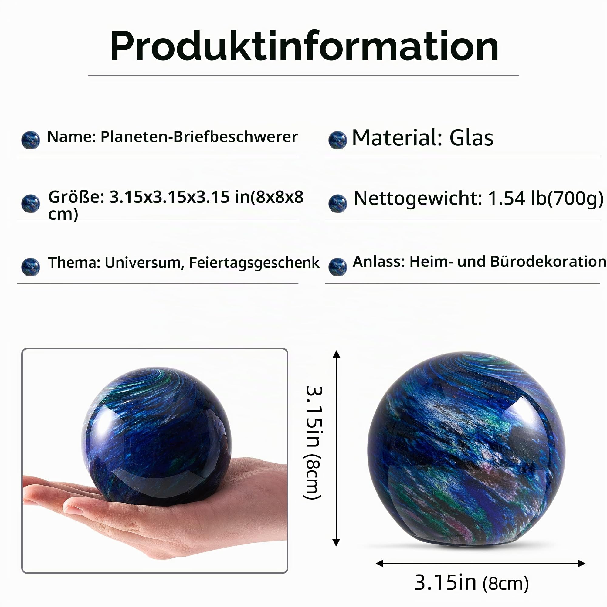 EUSTUMA Handgeblasene Glasfiguren, Kugelplanet, Briefbeschwerer, Glaskugel, Heimdekoration, Sammlerstück, Raummuseum, Bürodekoration, Weltraumliebhaber