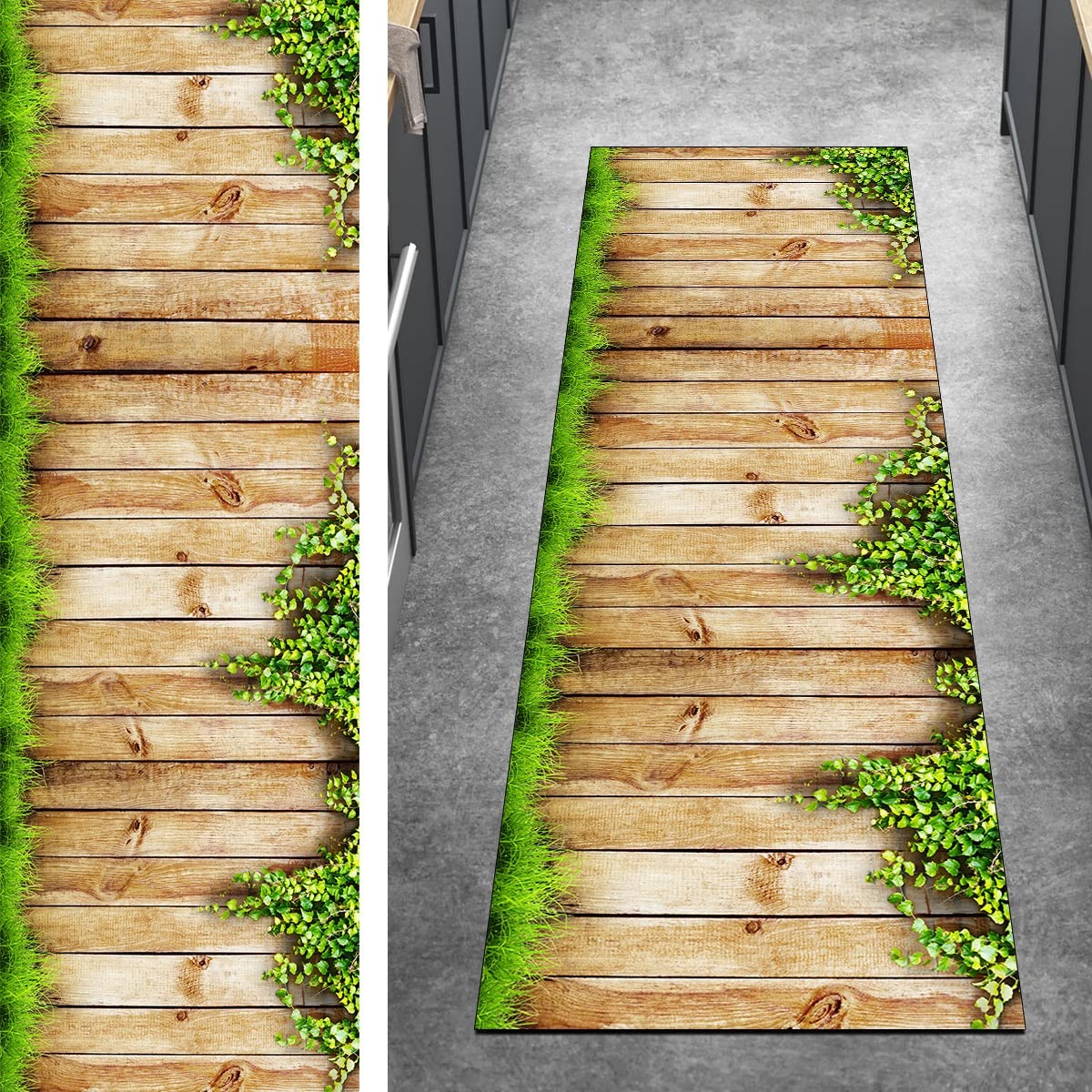 カーペットランナー ロング廊下用 3Dカーペットマット 60x350CM グリーンブラウン キッチンランナー 滑り止め メーター売り 洗える ショートパイル ポリエステル 廊下 寝室 調節可能 幅40-120cm