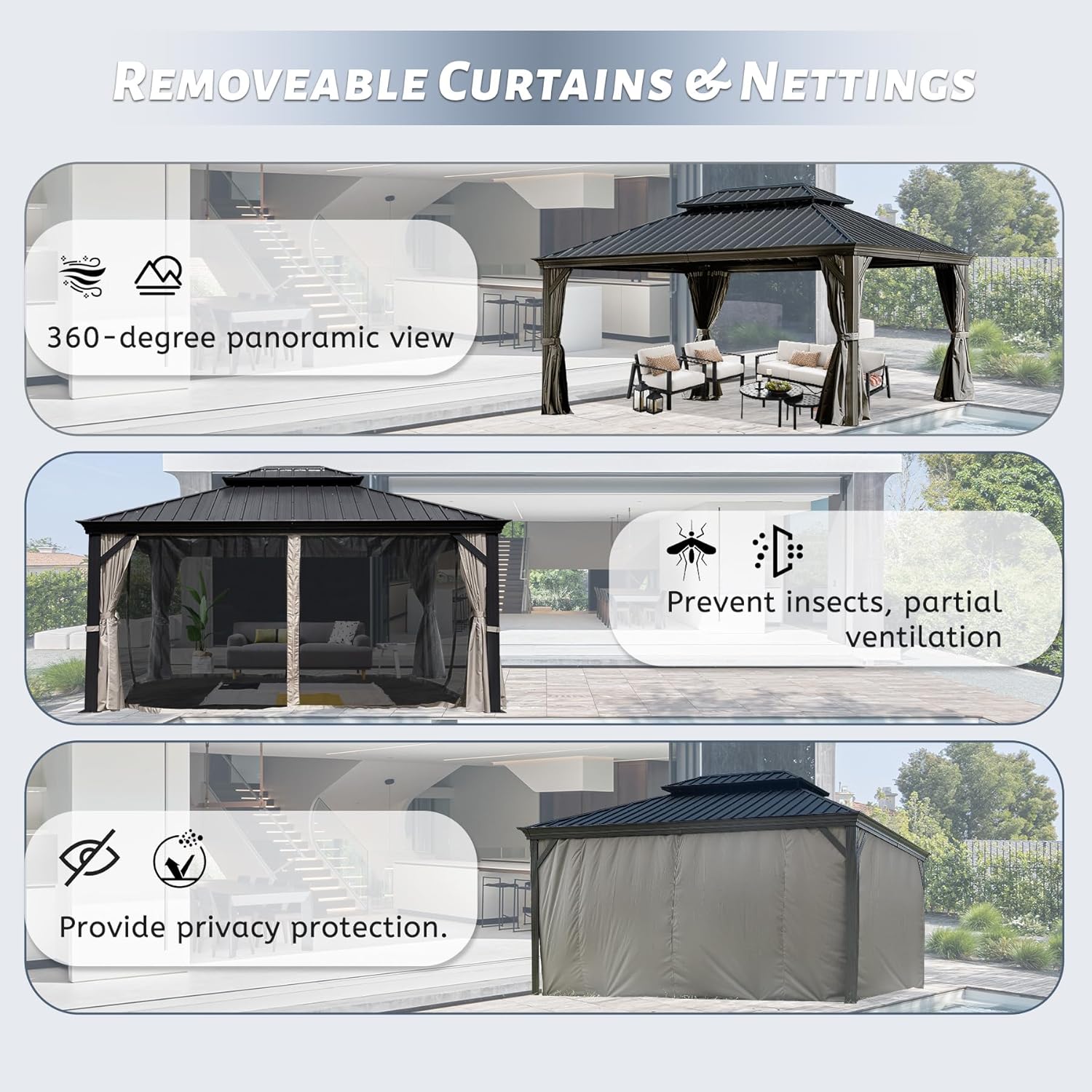 Images showing gazebo with curtains fully open, semi-open with netting, and fully closed