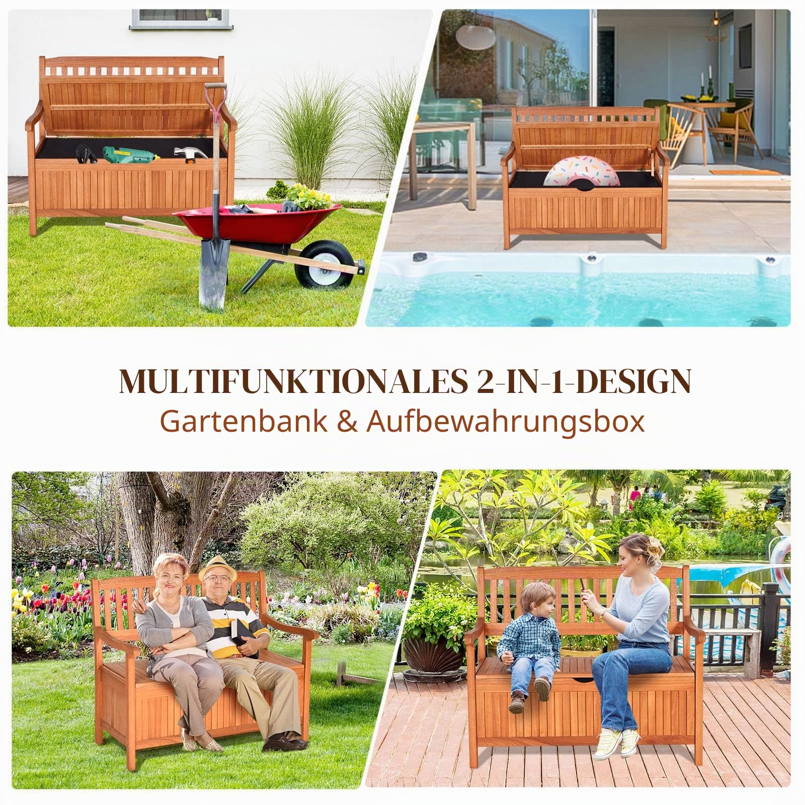 KOMFOTTEU 2 Sitzer Gartenbank mit Strauraum, Außenbank aus Eukalyptus, Holzbank mit Armlehnen und Rückenlehne bis zu 360 kg belastbar, Truhenbank für Garten Terrasse, Natur