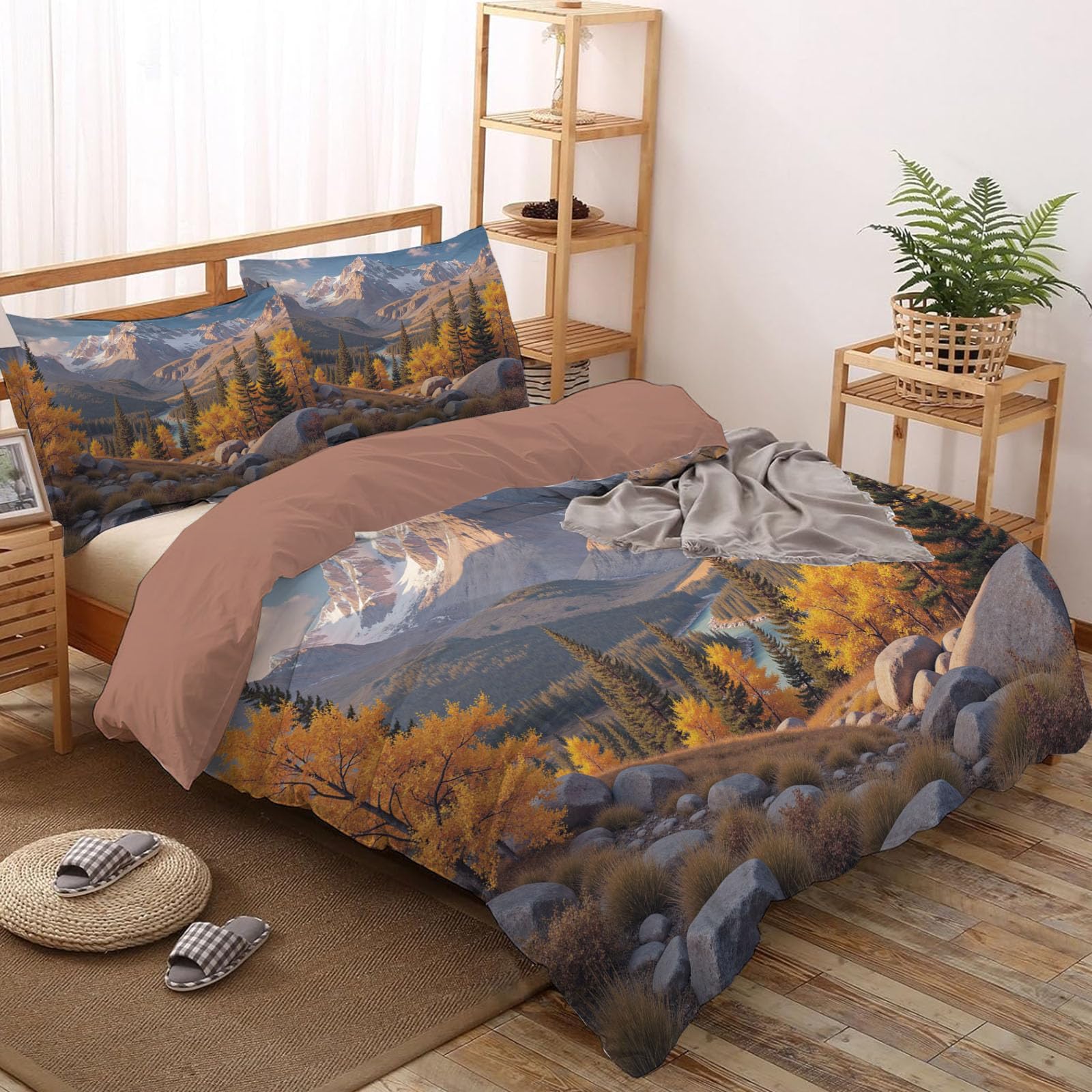 Set Copripiumino Matrimoniale Naturalmente Fiume Serpeggia, Biancheria da Letto Montano Autunnale in Morbida Microfibra 3D Copri piumino 200x200cm con Cerniera e 2 Federe 50x75 cm