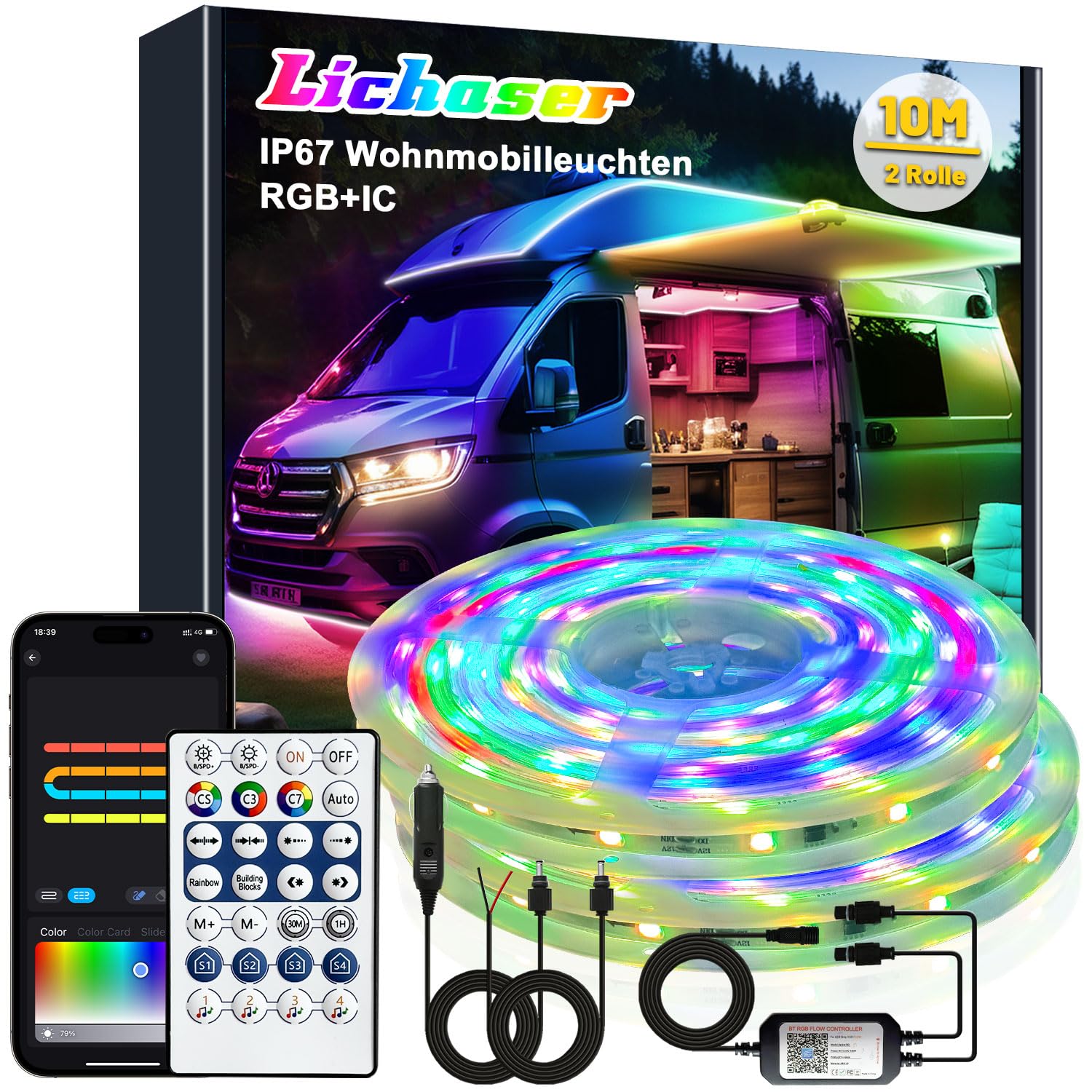 Lichaser LED Streifen für Wohnmobile, Wasserdicht 12V LED Lampen für Wohnmobile IP67 RGB+IC mit App und Fernbedienung, Wohnmobilbeleuchtung für den Innen und Außenbereich für Markise Wohnwagen