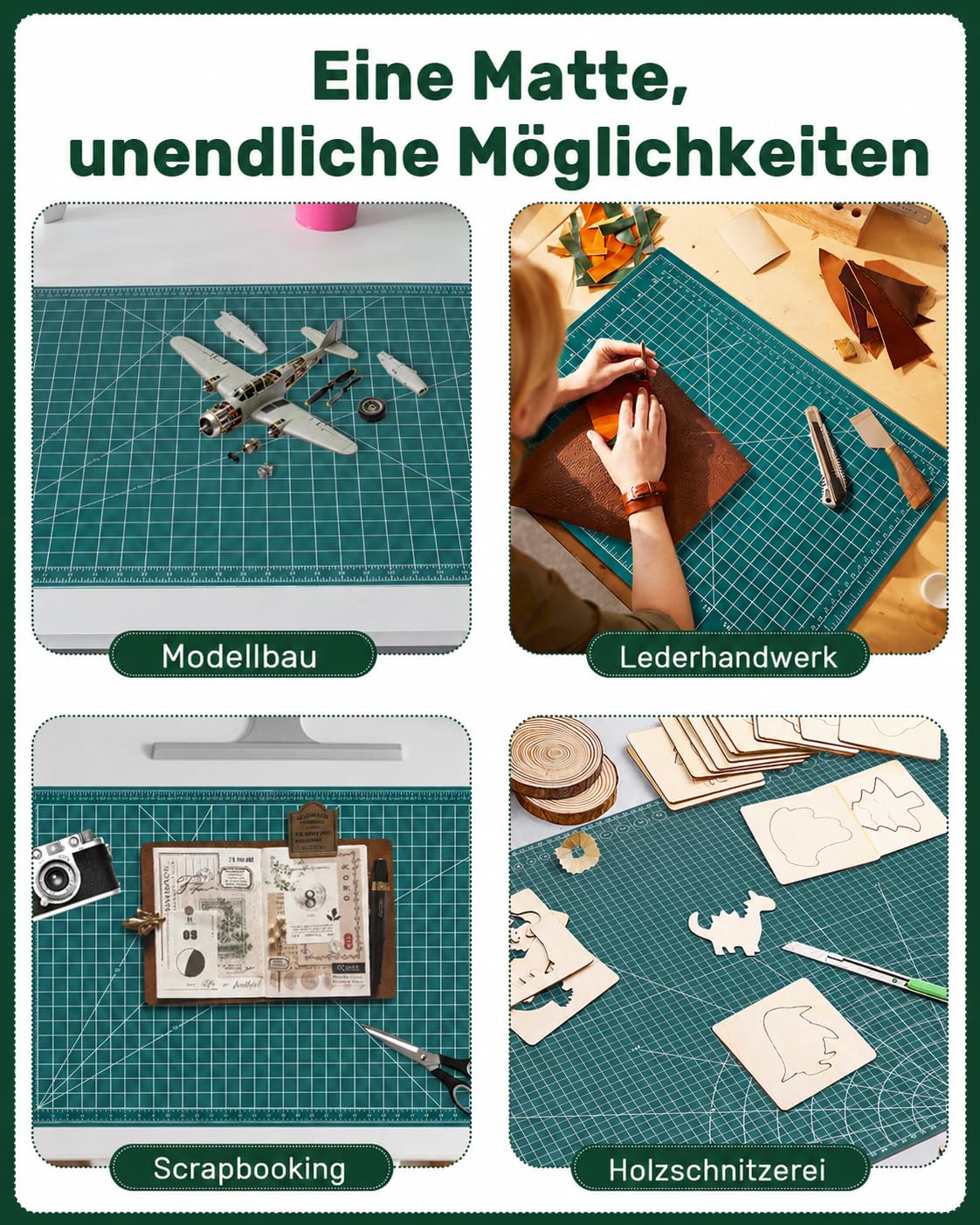 Schneidematte A1 60 x 90 cm, doppelseitige Bastelmatte, Bastelunterlage schnittfest für Rollschneider zum Nähen, Quilten, Scrapbooking & Basteln, Grün, Self Healing Cutting Mat for Hobby