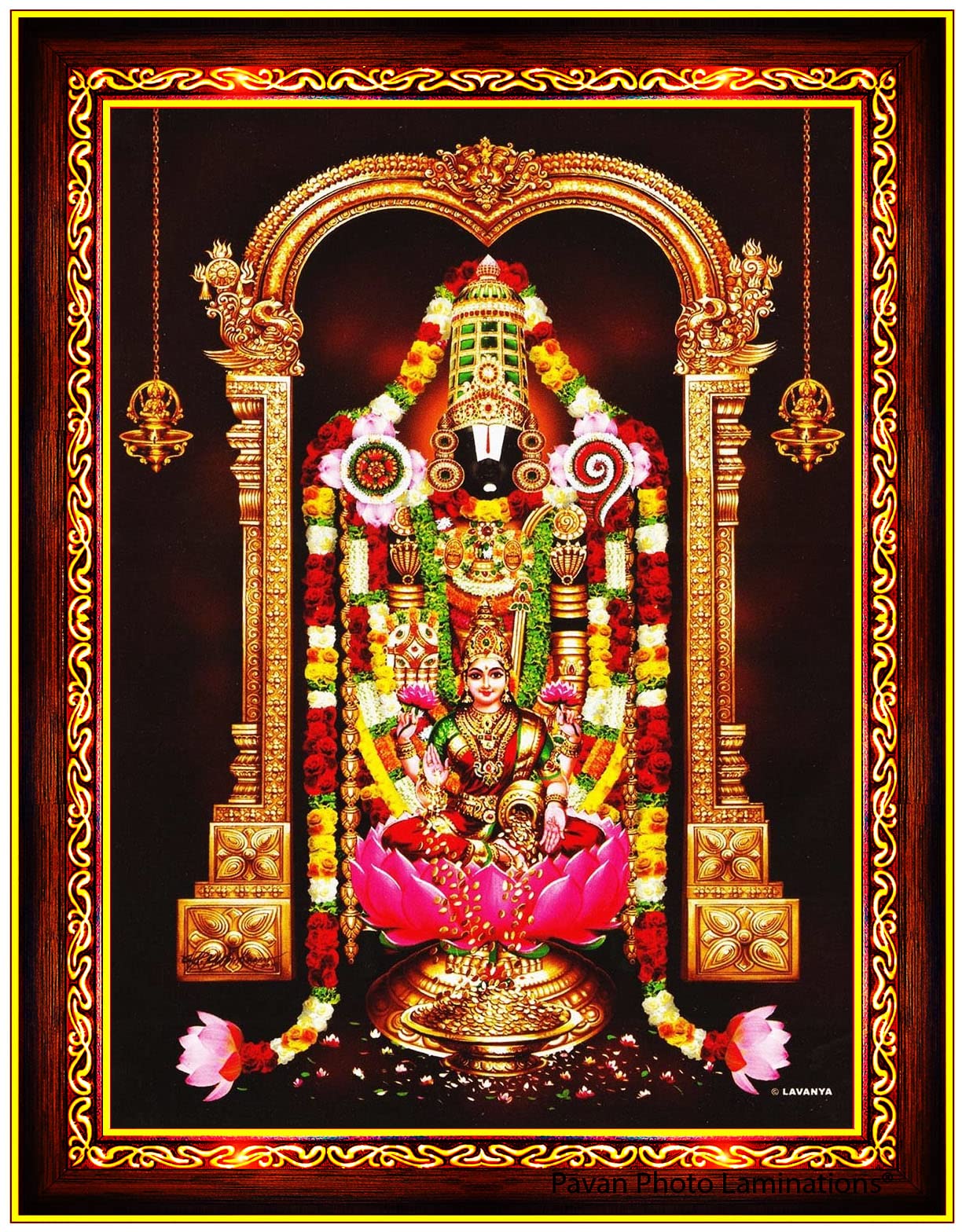 Pavan Photo Laminations Tirupati Balaji Lakshmi Venkateshwara Swamy Wall Painting Framed Home Decor (Wood,Matte,Brown,Big Size,10 x 12 Inch) B461M