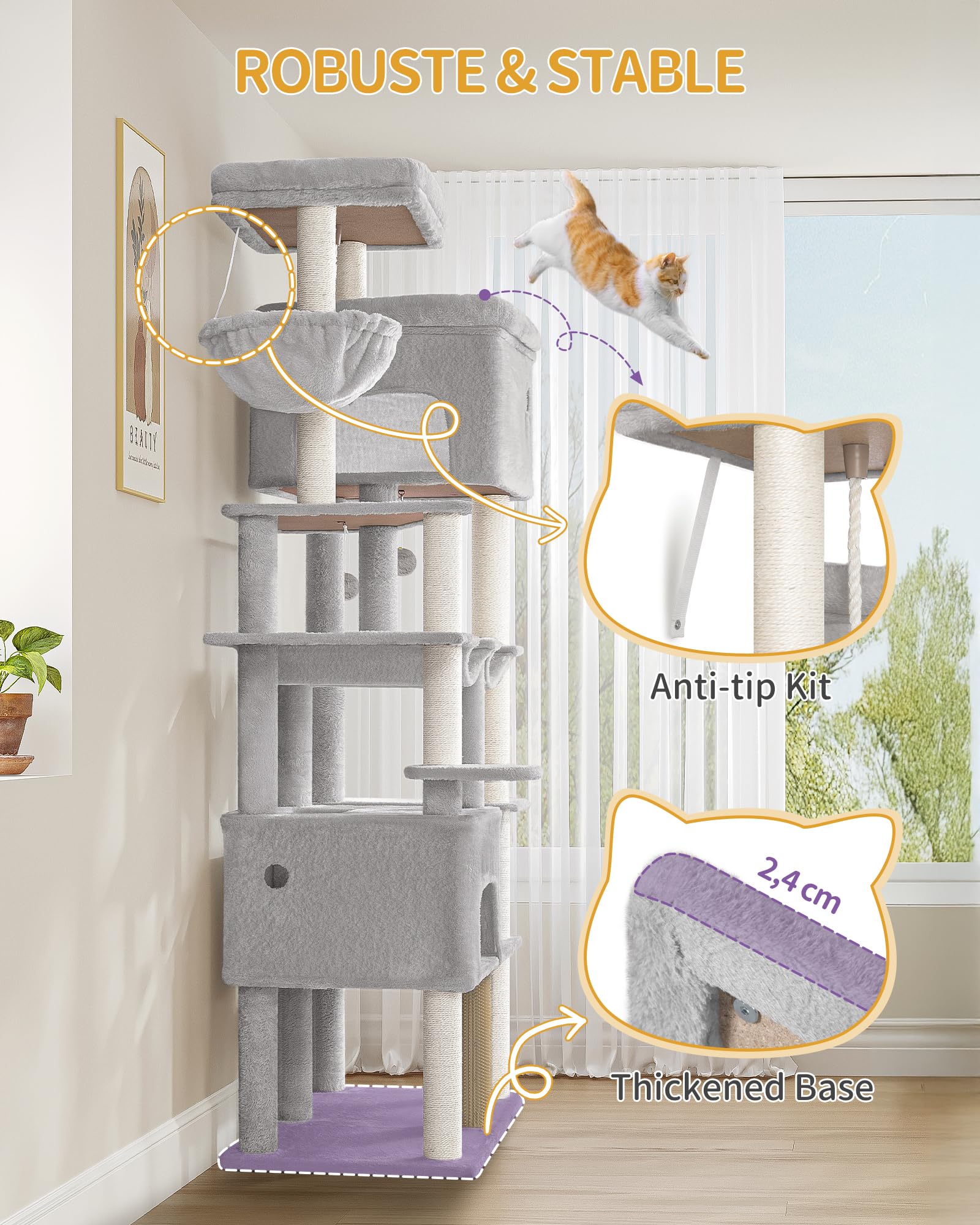 Hzuaneri Árbol de Gato 200 cm XXL, Rascador con 2 Casitas y 10 Sisal, Torre Resistente para Gatos Grandes Maine Coon, Incluye 2 Hamacas, Gris Claro MS20018LG