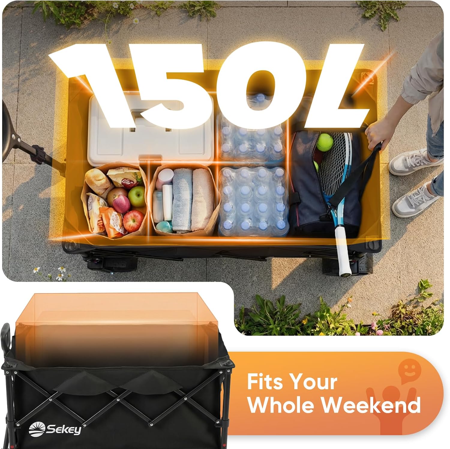 Sekey 150L Wagons Carts Foldable with Big All-Terrian Beach Wheels, Collapsible Heavy DutyWagon, Extra Large Folding Wagon,Foldable Wagon for Camping, Garden, Sports. Black