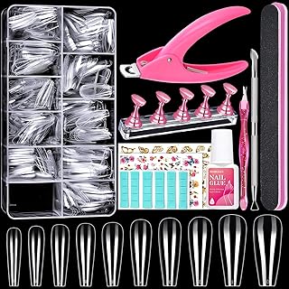 Clear Coffin Nail Tips, MORGLES Full Cover Nail Tips Set, 600pcs Long Acrylic Nail Tips Fake Nail Tips with Nail Clipper Files, Glue, Cuticle Pusher, Fork, Nail Art Stickers and Nail Stand for Gel Nail Art DIY, 10 Sizes