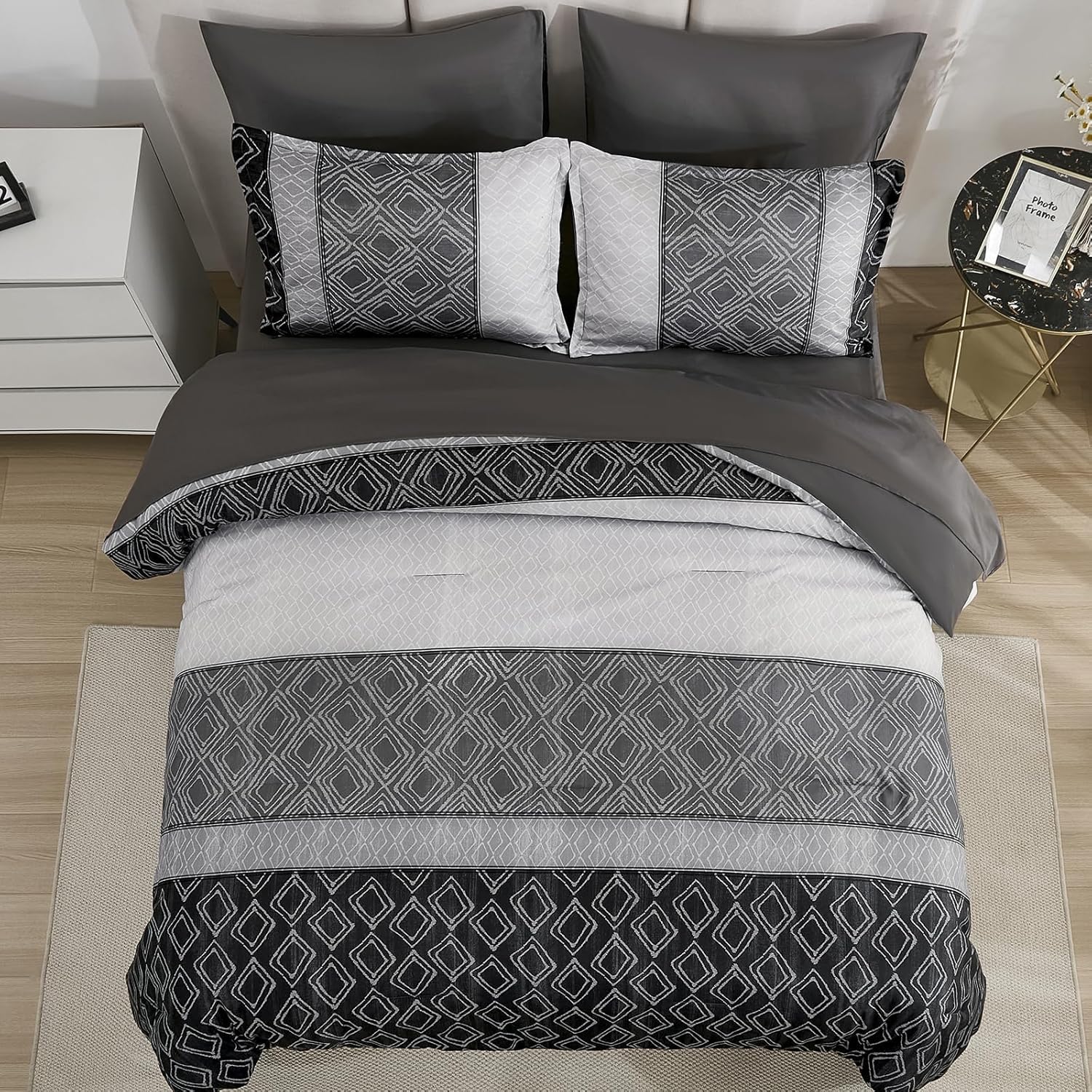Dinjoy Black/Gray King Size Comforter Set, Warm Boho Bed in a Bag King 7 Pieces Fall Striped Bedding Mens Comforters Sets Patchwork Bed Sets Complete Decor for Women Winter - Image 2