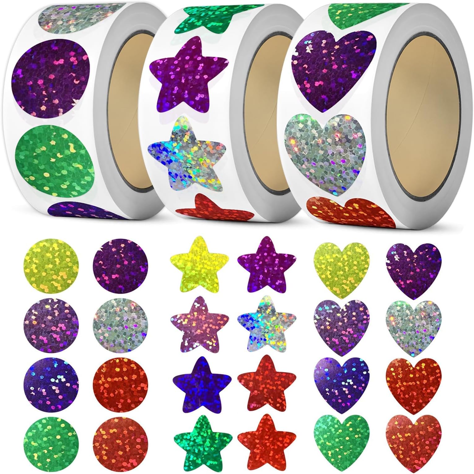 โ NALACAL 1500Pcs Glitter Star Stickers Heart Stickers Round Stickers, Foil Shiny Stickers for Kids Reward Decoration or Gifts, 1 inch Colorful Stickers for DIY Crafts, Party, Classroom Teacher Supplies